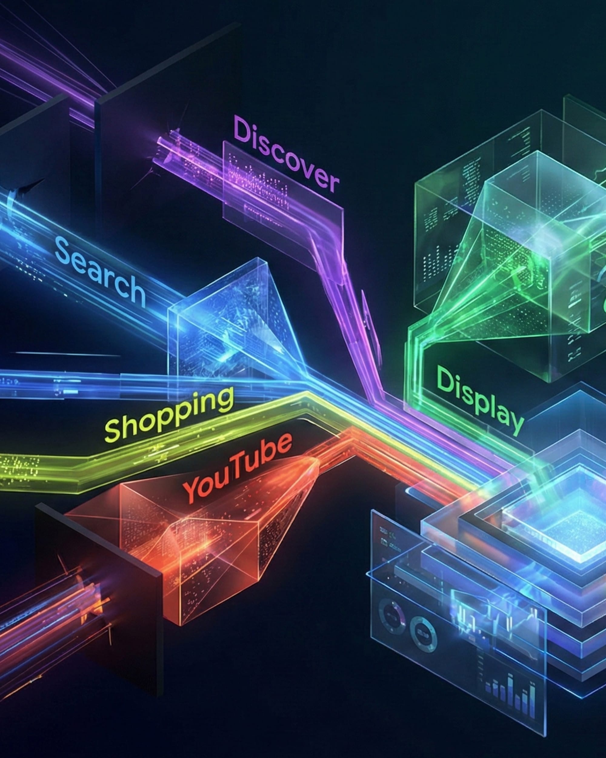 Google Ads API v23 channel reporting showing Search, YouTube, Display, Discover, Shopping breakdown