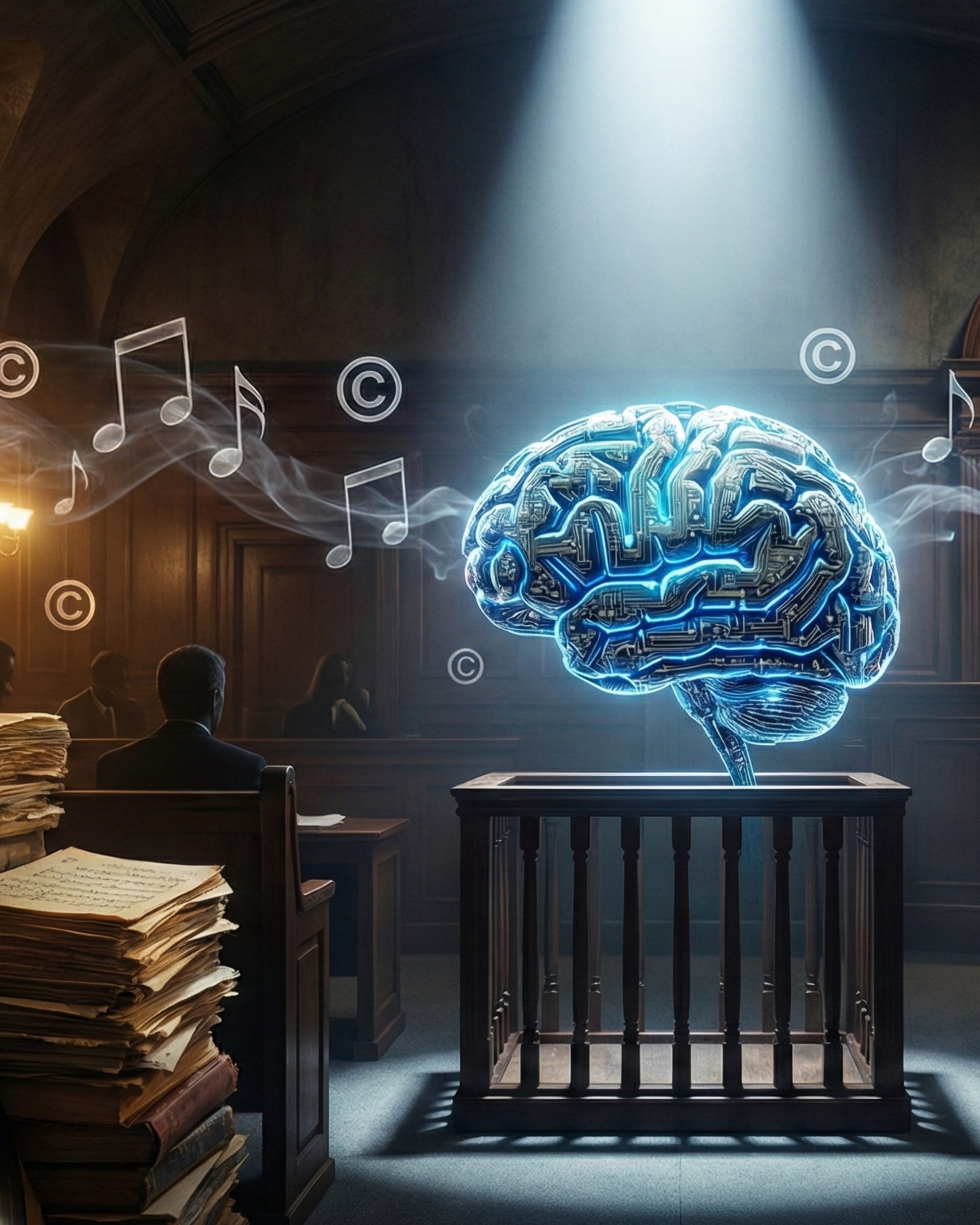 AI brain with circuit board design on trial in courtroom with copyright symbols and musical notes