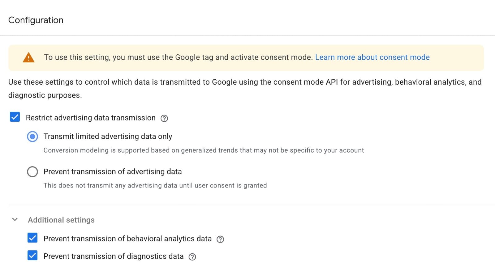 Screenshot showing Google Tag data transmission controls interface with advertising, analytics, and diagnostic restriction options.