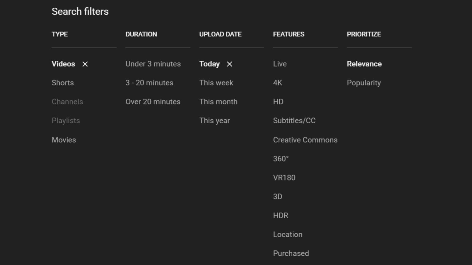 YouTube's new search filters with Prioritize menu replacing Sort By, showing Relevance and Popularity options only.