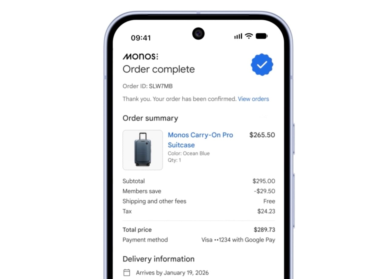 Google AI checkout confirmation showing Monos suitcase purchase via Universal Commerce Protocol