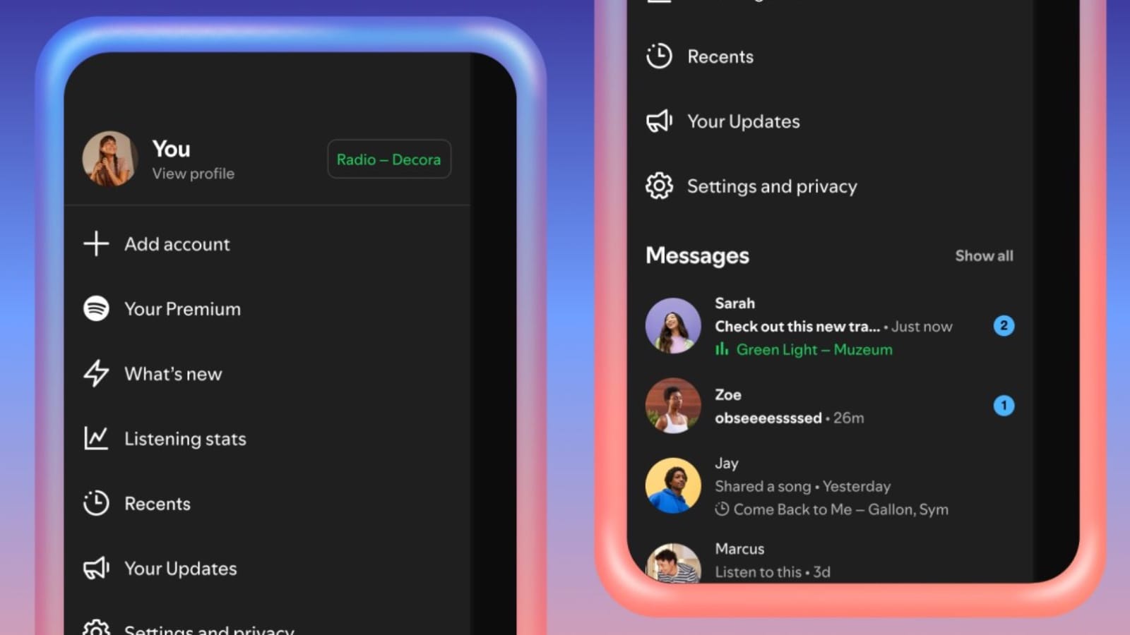 Spotify Messages interface showing listening activity with real-time friend updates and song sharing