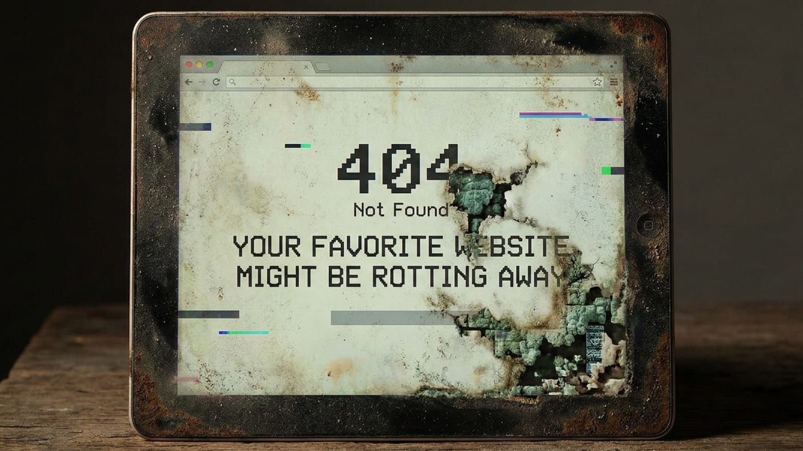 Decaying laptop displays 404 error showing web rot and broken links affecting older websites