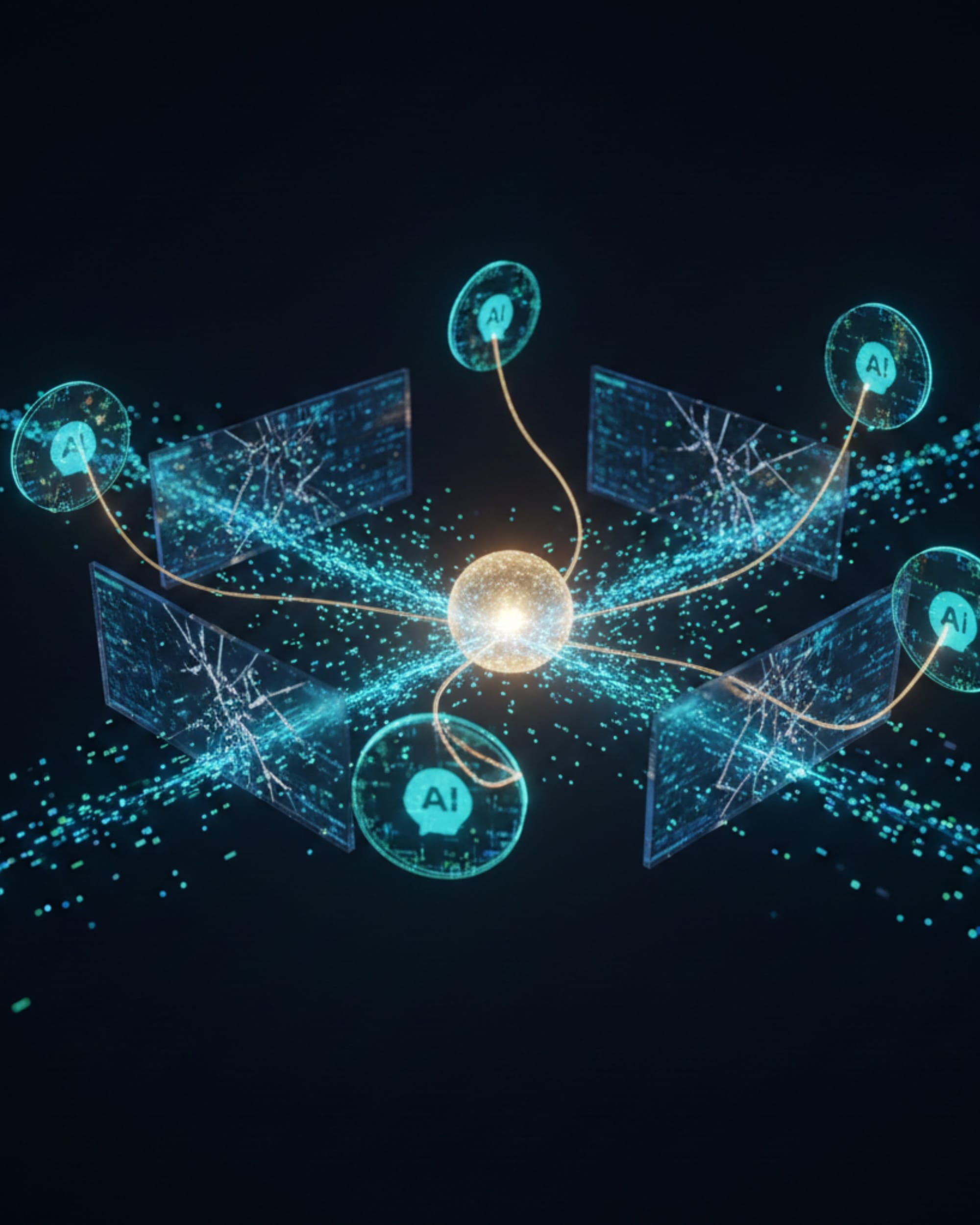 B2B marketing data streams converging into a central AI node across multiple platforms.