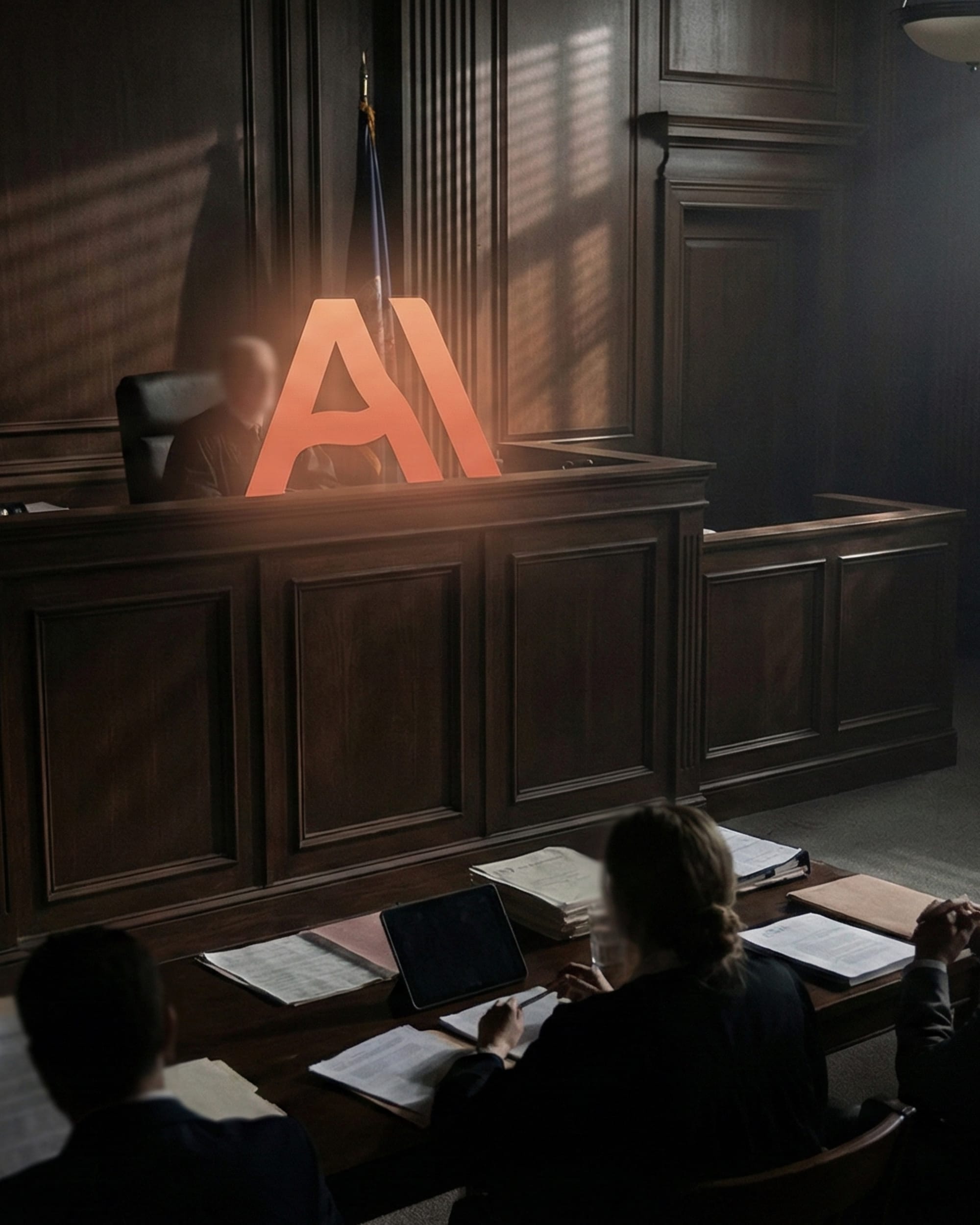 **AI symbol on judge's bench as DOJ argues Claude chatbot conversations lack legal privilege**  (99 characters)