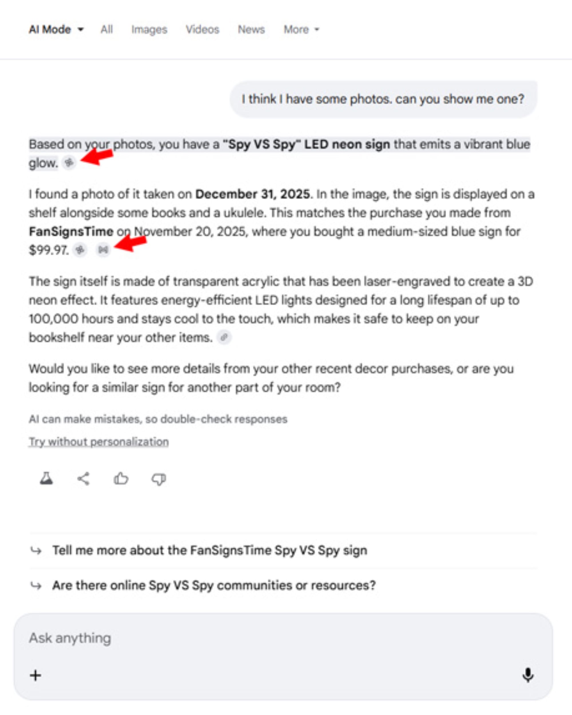 Google AI Mode shows Gmail and Photos icons next to personalized responses citing user data sources