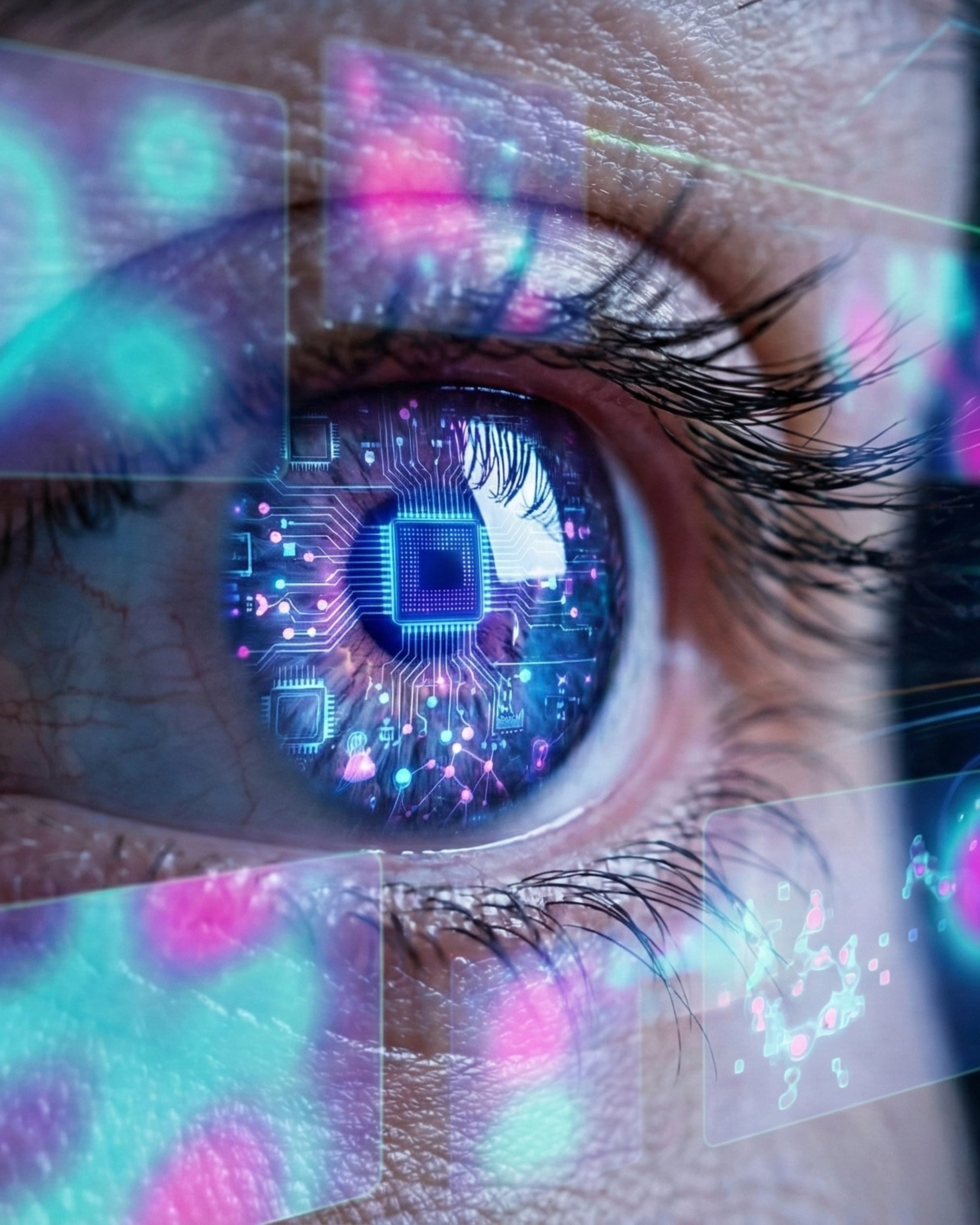 Human eye with circuit board iris reflecting AI-powered attention tracking technology for programmatic ads