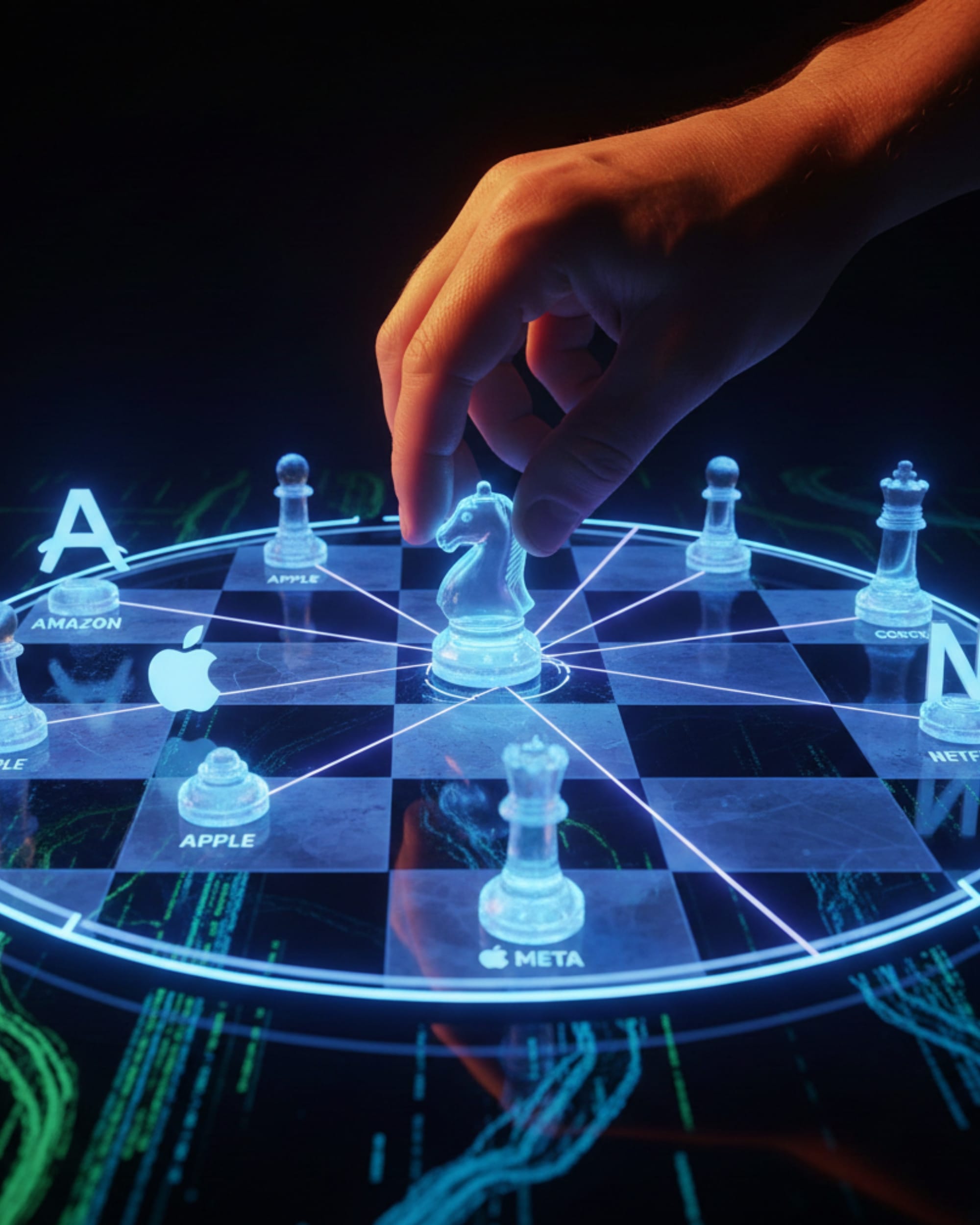Hand manipulating holographic chess pieces on digital board symbolizing AI search optimization tactics