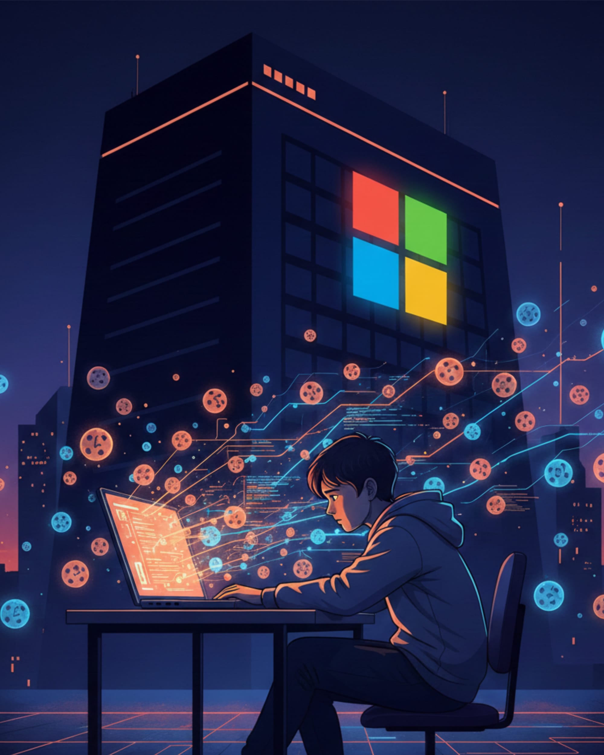Student surrounded by tracking cookies from Microsoft 365 Education software in schools