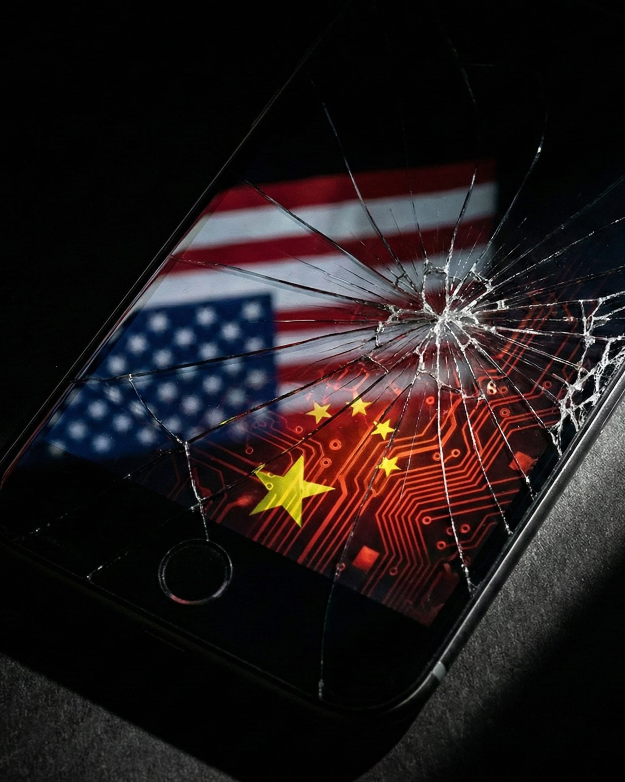 Cracked phone screen showing US and China flags over red circuit board traces.
