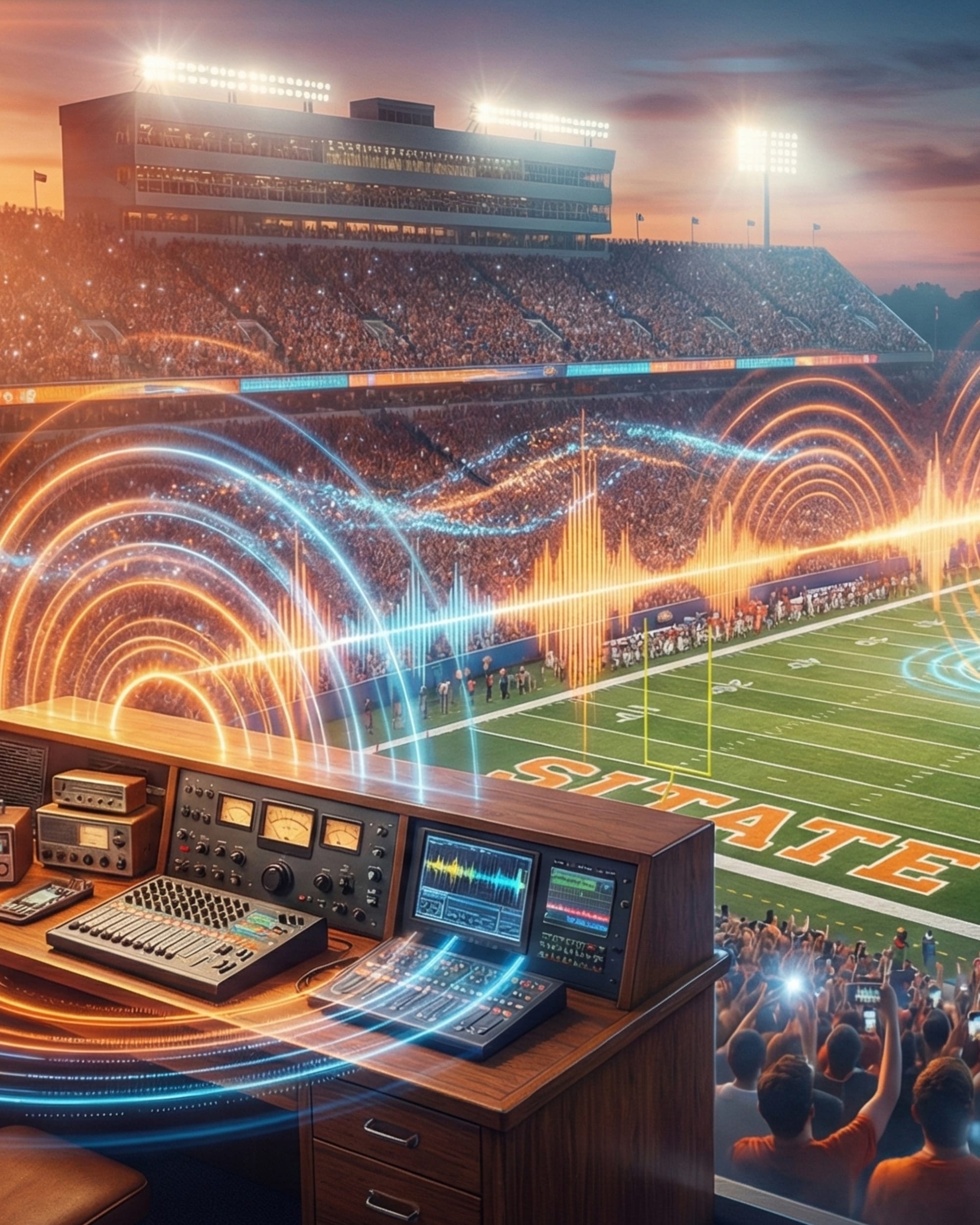 College sports stadium with audio waveforms visualizing live digital broadcast streaming to fans nationwide