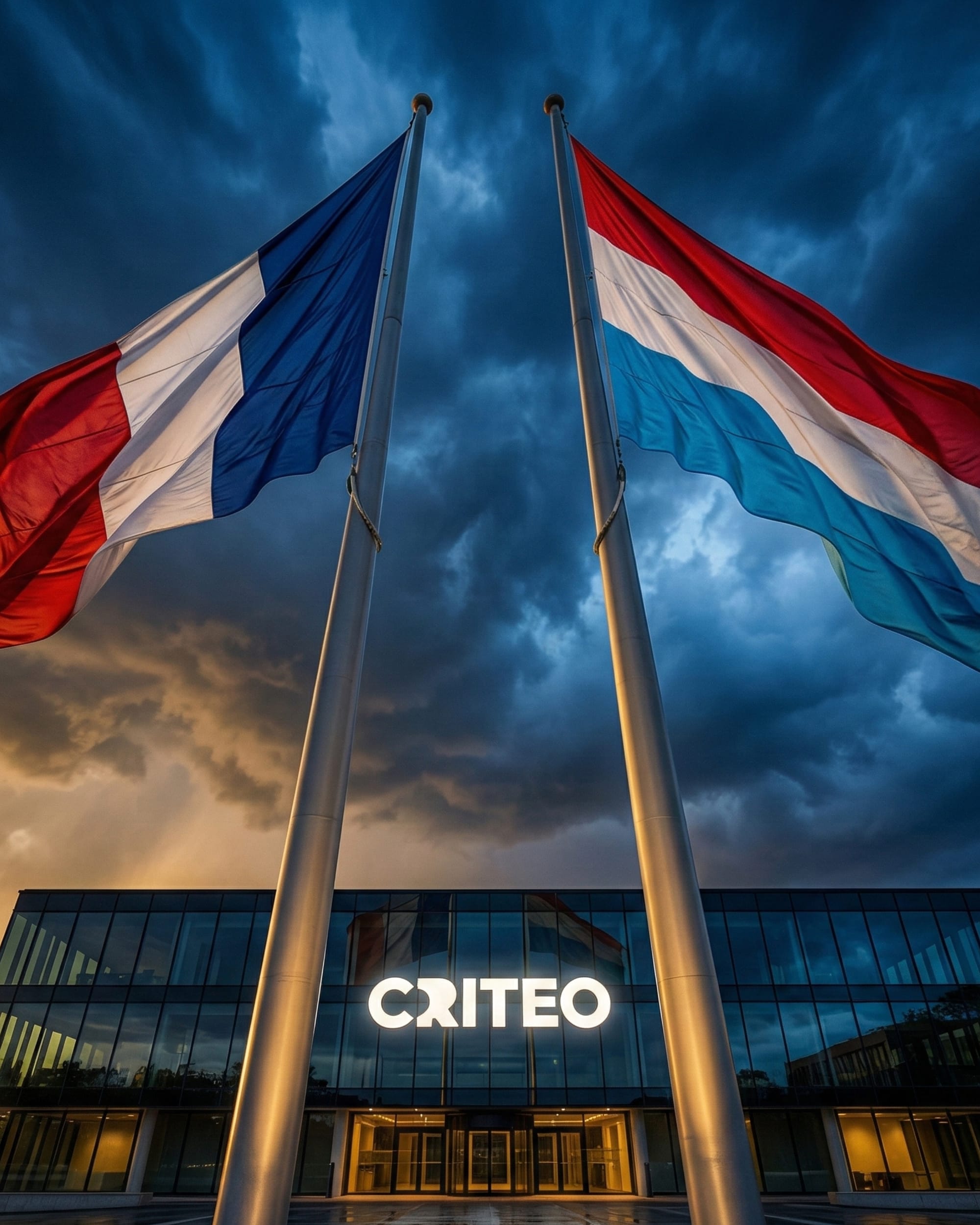 Representation of Criteo headquarters with French and Luxembourg flags under dramatic stormy sky.