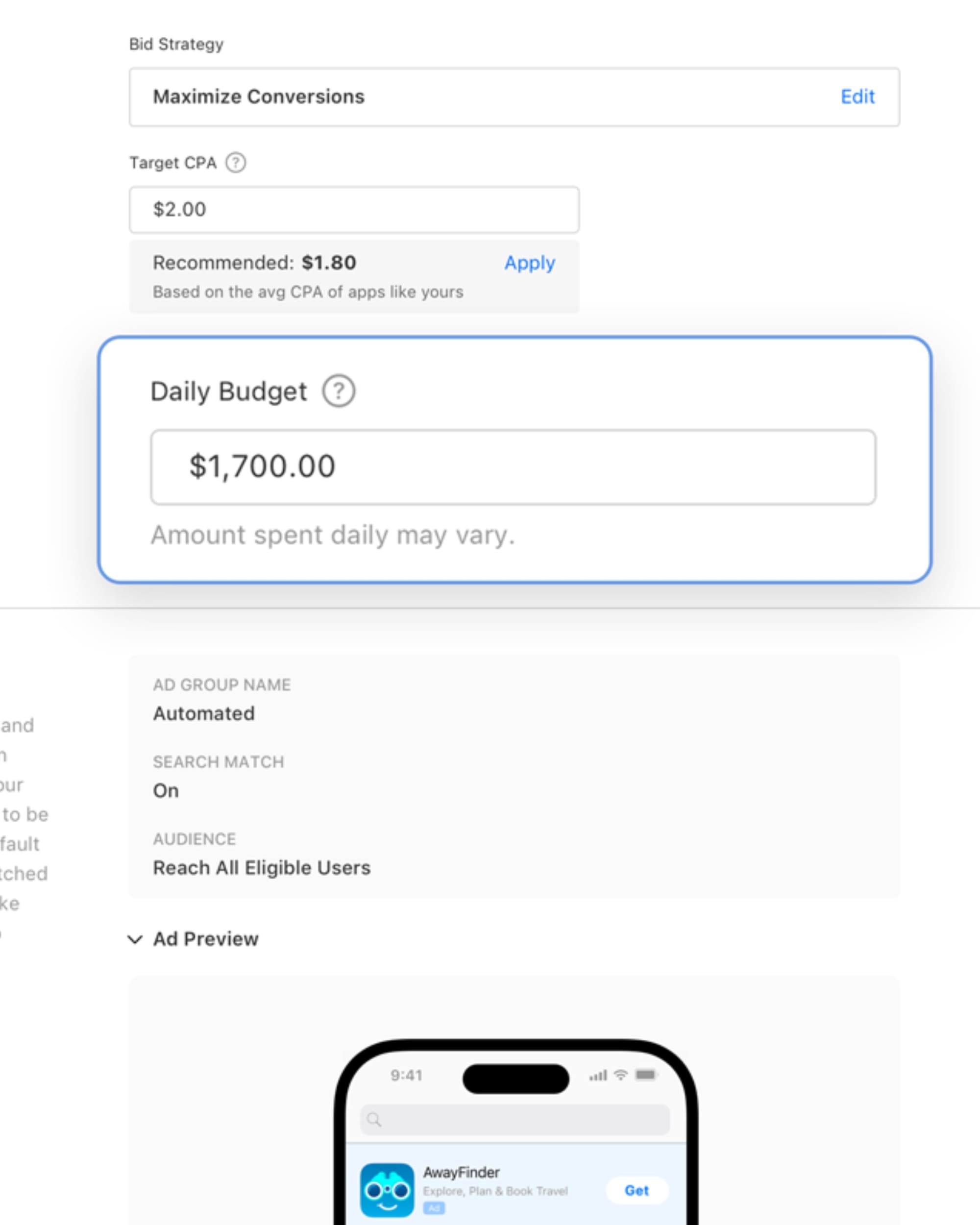 Apple Ads Maximize Conversions campaign setup showing target CPA and daily budget fields.