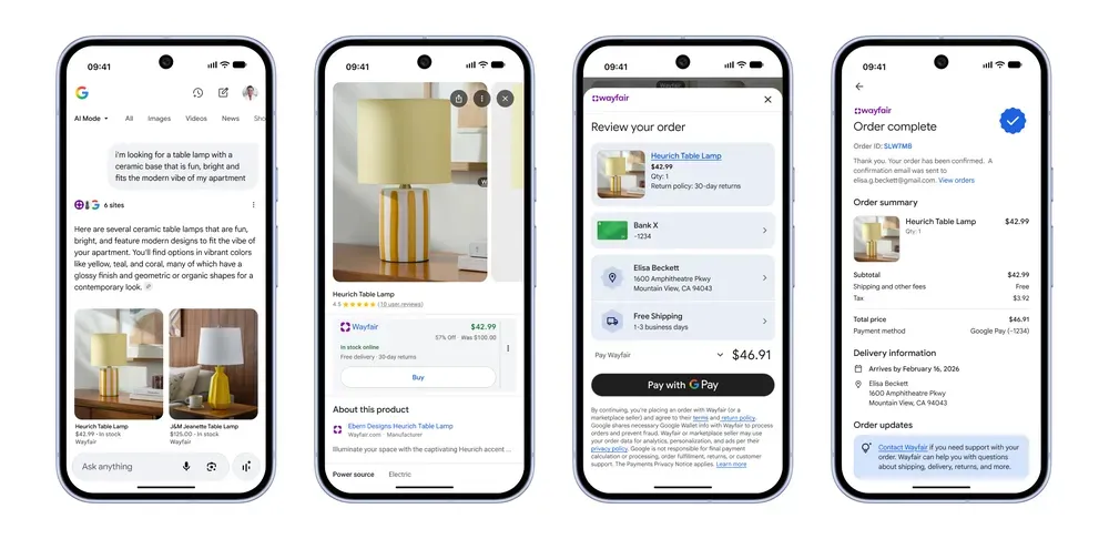 A step-by-step view of the UCP-powered shopping journey, illustrating how users can discover and purchase an item from Wayfair directly within AI Mode.