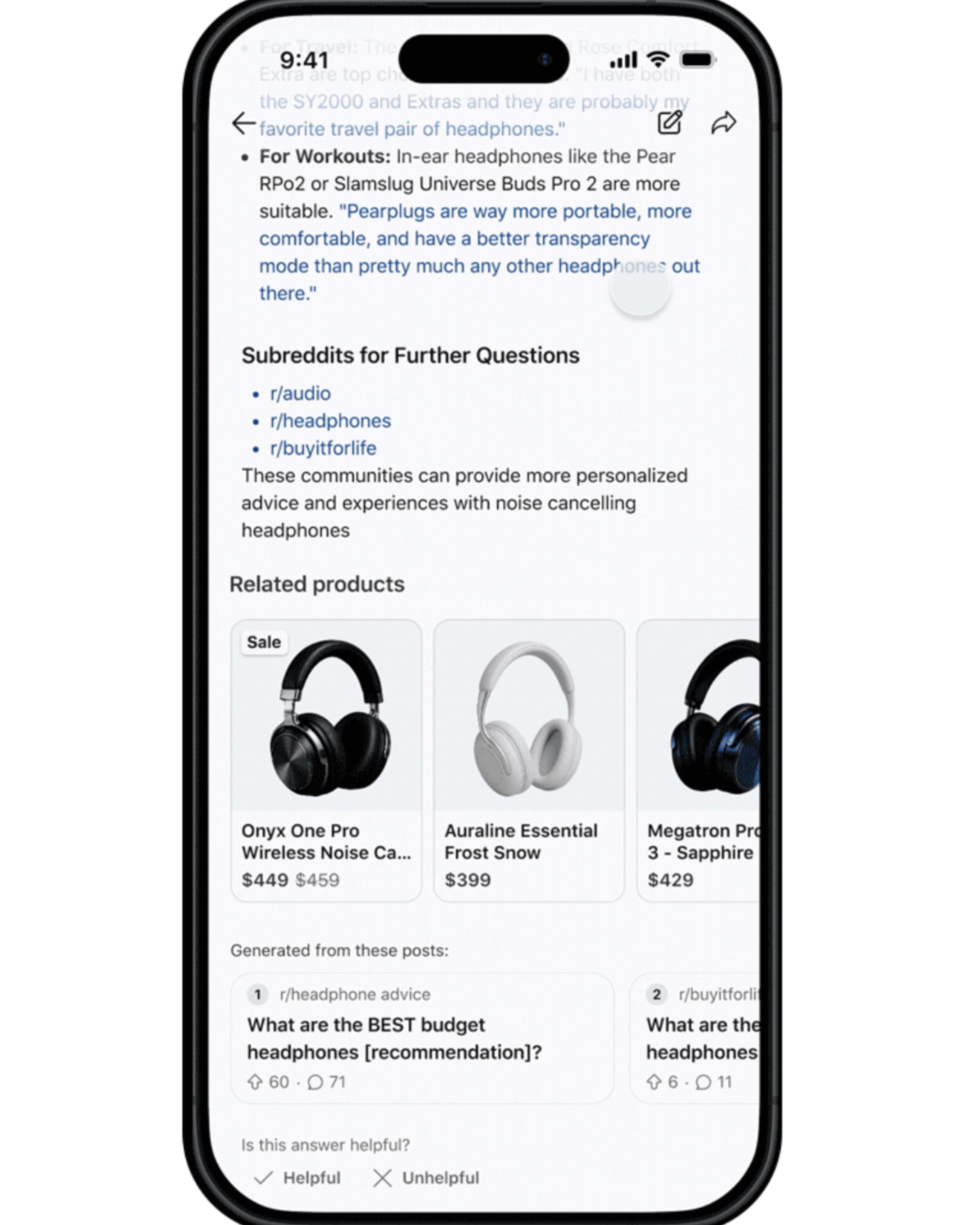 Reddit search results showing AI-powered product carousel with headphone prices and community posts.