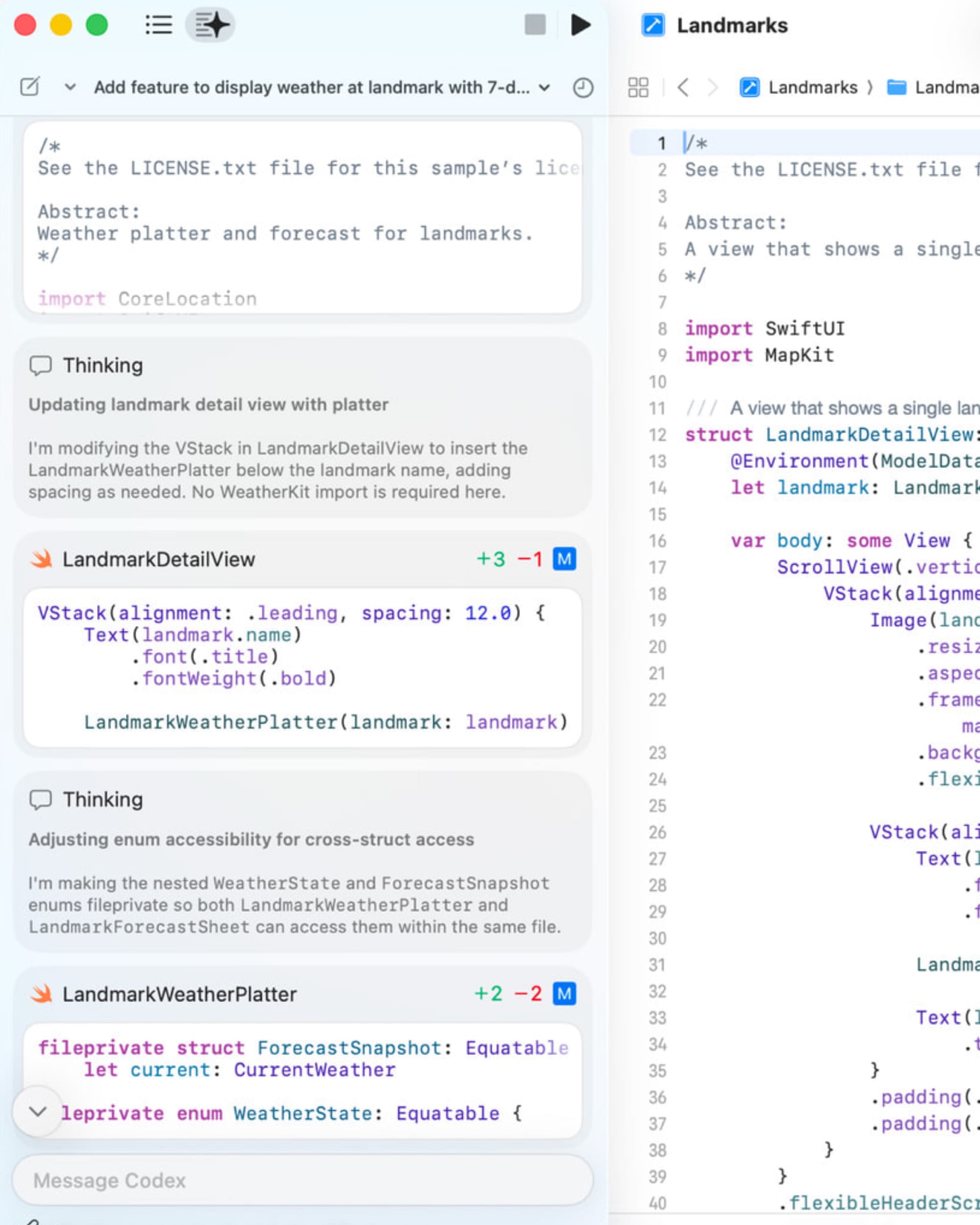 Xcode 26.3 agentic coding showing AI agent modifying Swift code with real-time thinking process display.