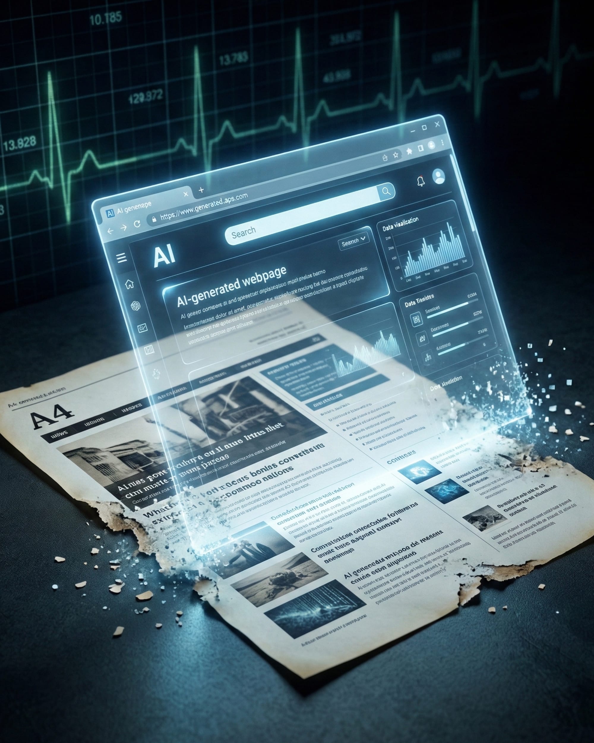 AI-generated webpage replaces a crumbling printed page, visualizing Google's patent threat.