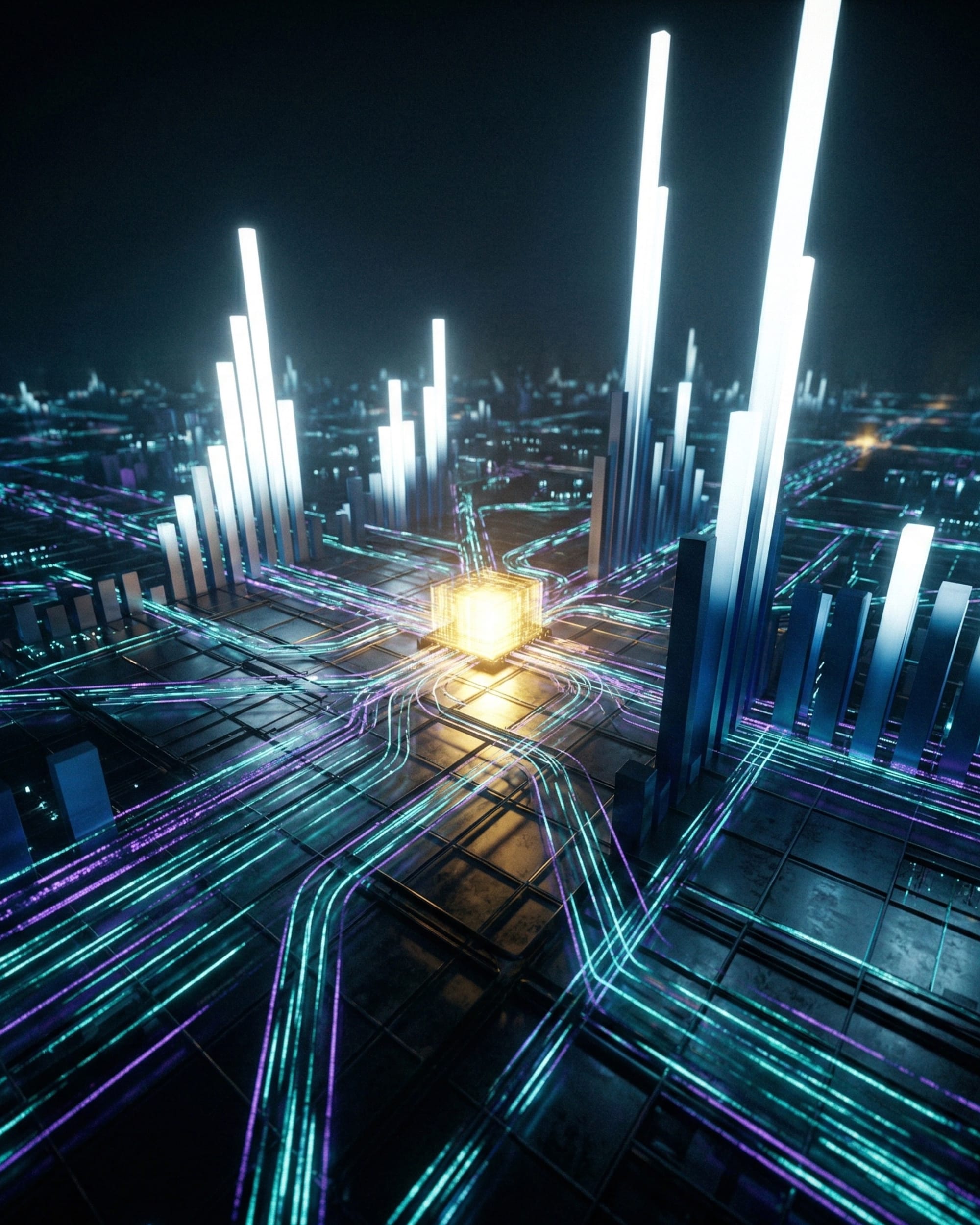 Glowing programmatic bidstream grid with data signals converging on a central auction node.