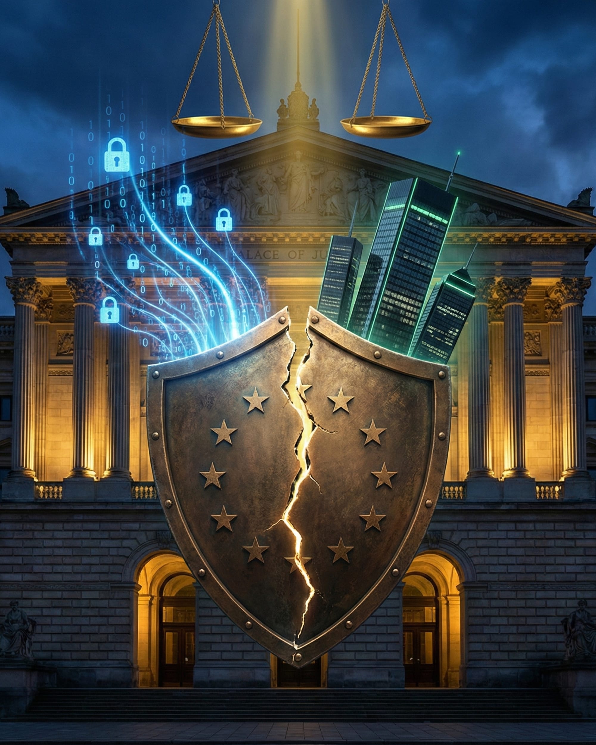 EU shield cracked between privacy locks and corporate towers symbolizing CJEU ruling on EDPB challenges