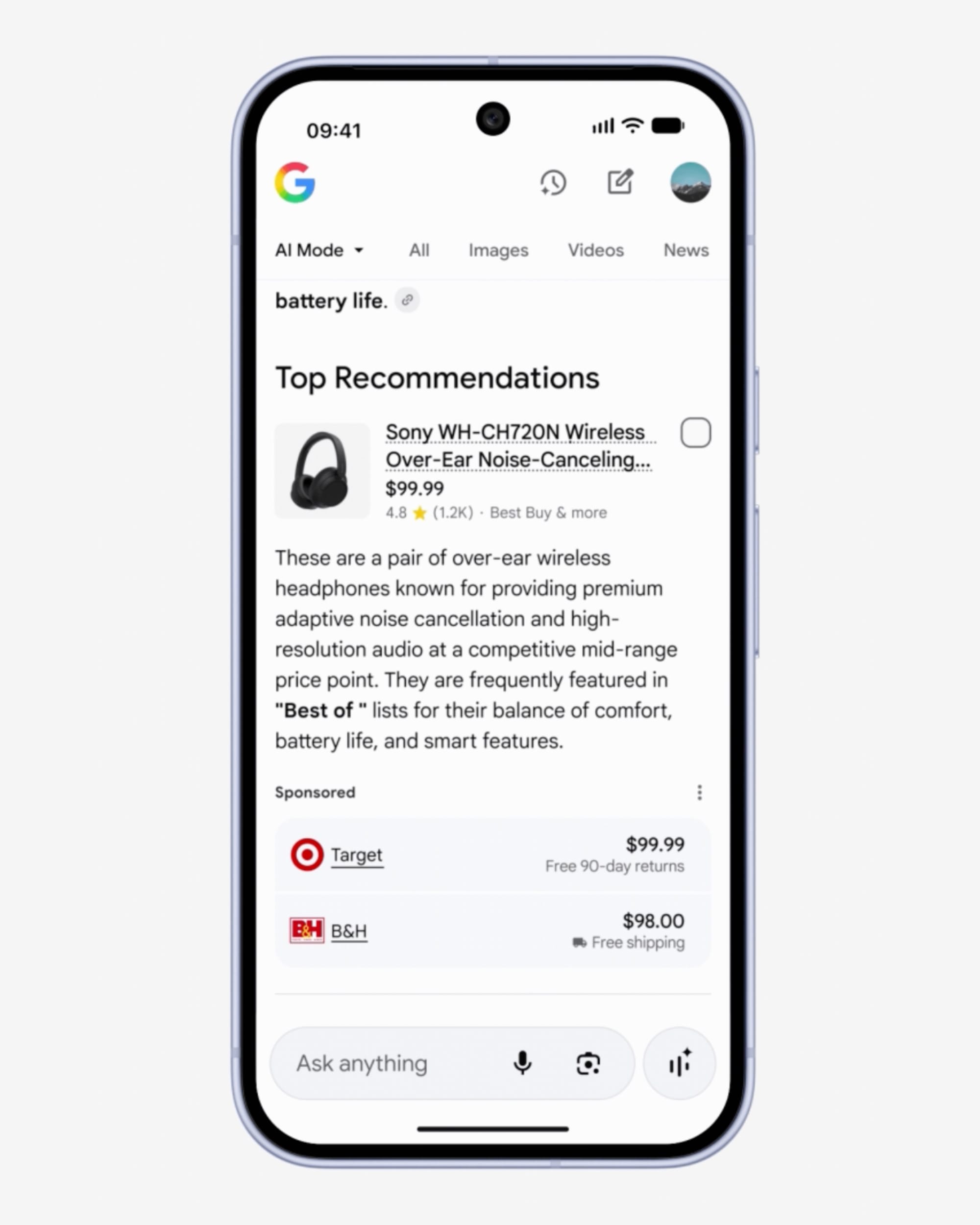 Google AI Mode displays sponsored shopping ads from Target and B&H beneath product recommendations for headphones.