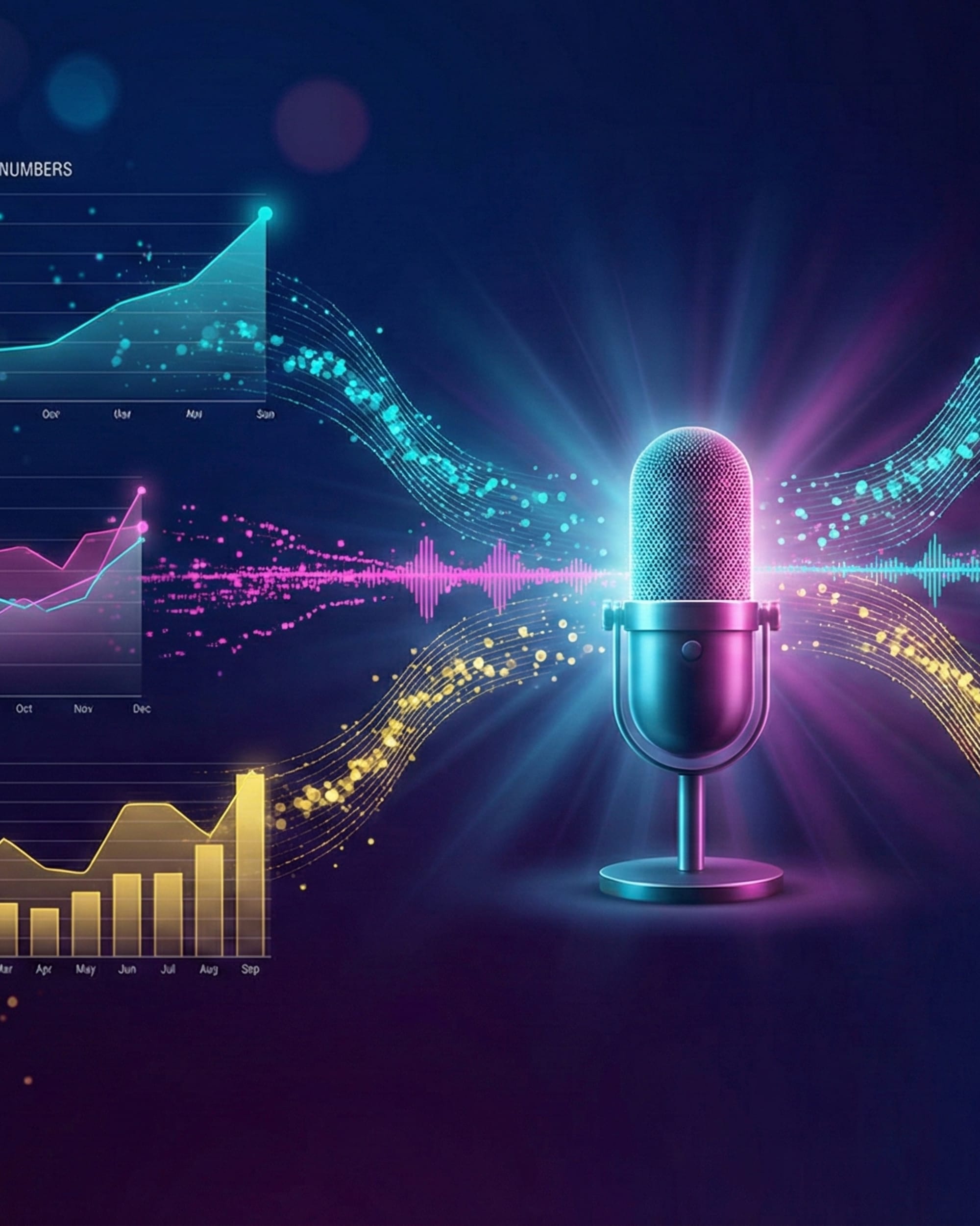Podcast microphone with data visualization streams showing competitive benchmarking analytics