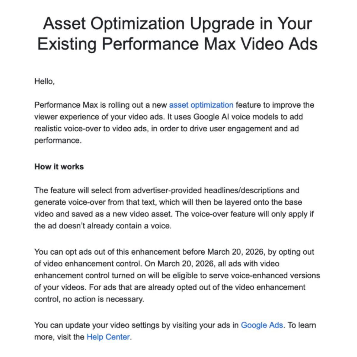 Google Performance Max asset optimization email announcing AI voice-over for video ads, March 2026.