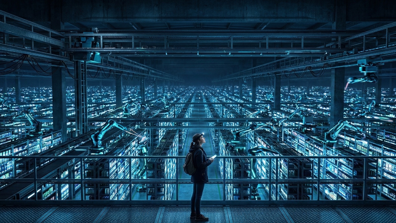 A lone shopper watches AI bots scan endless retail shelves in a vast automated warehouse.