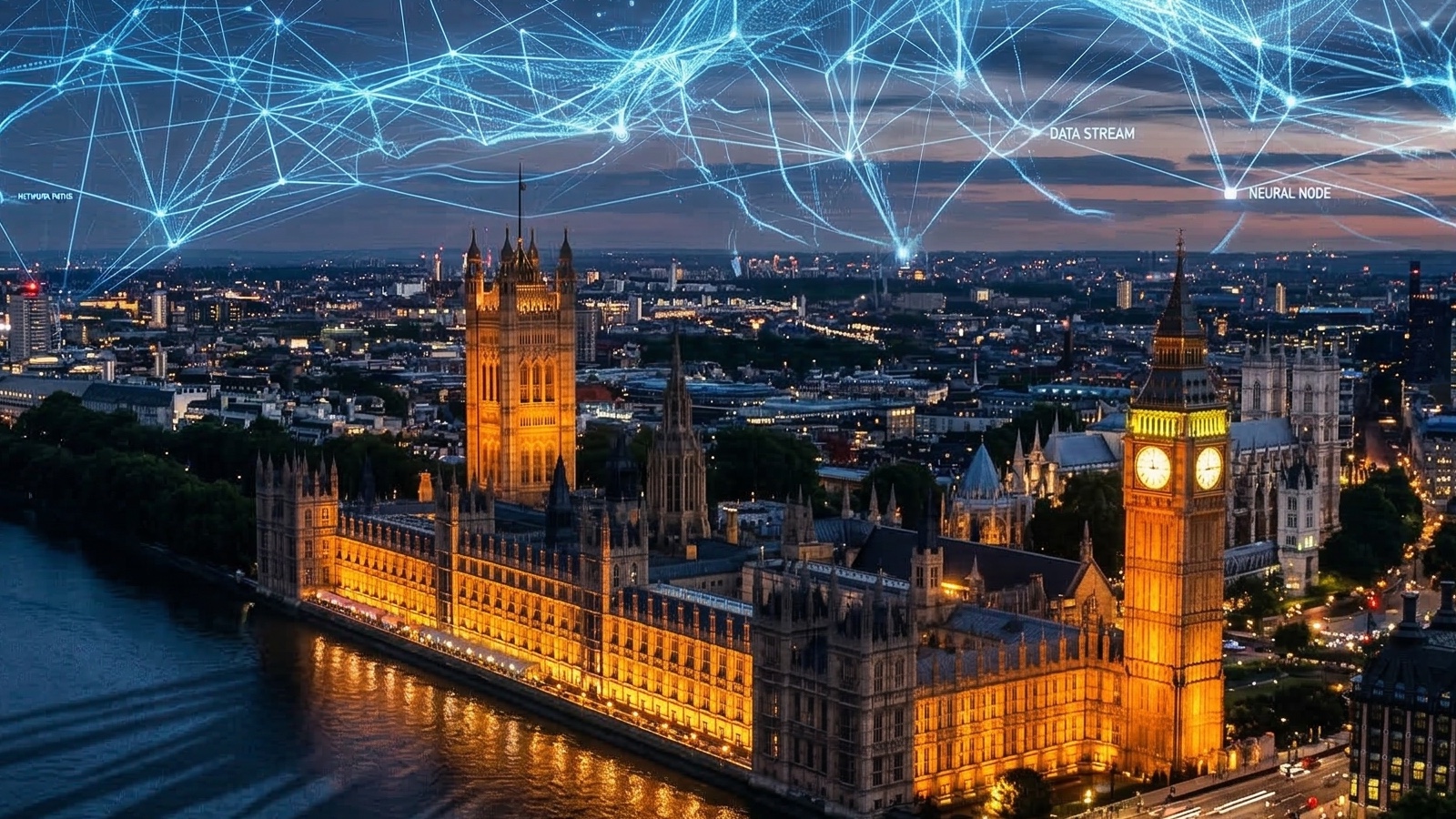 Houses of Parliament at dusk with AI data network overlay, symbolising UK copyright regulation.