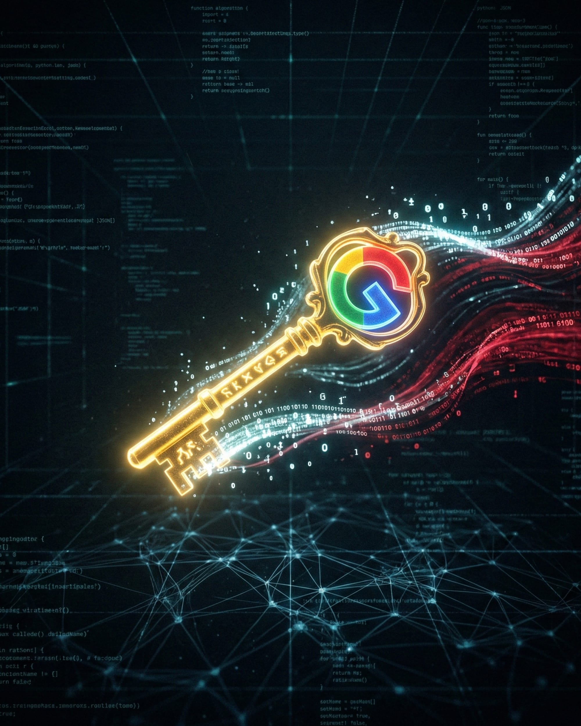 Google API key glowing gold, data streams turning red, code background, security threat visual.