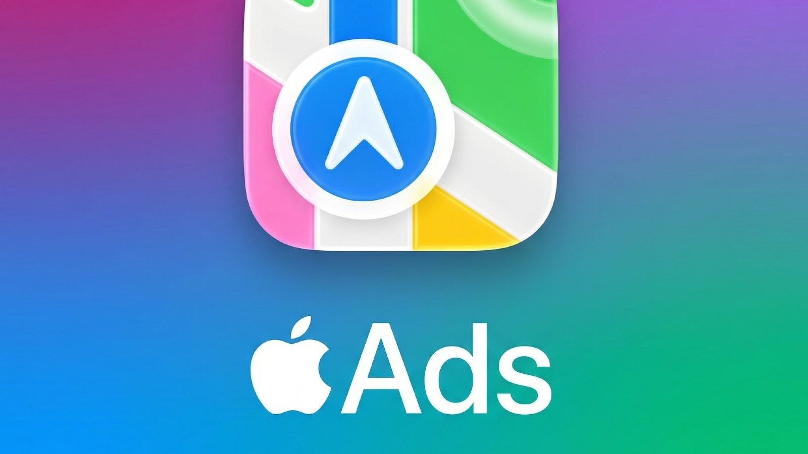 Apple Maps icon above the Apple Ads logo on a colorful gradient background.