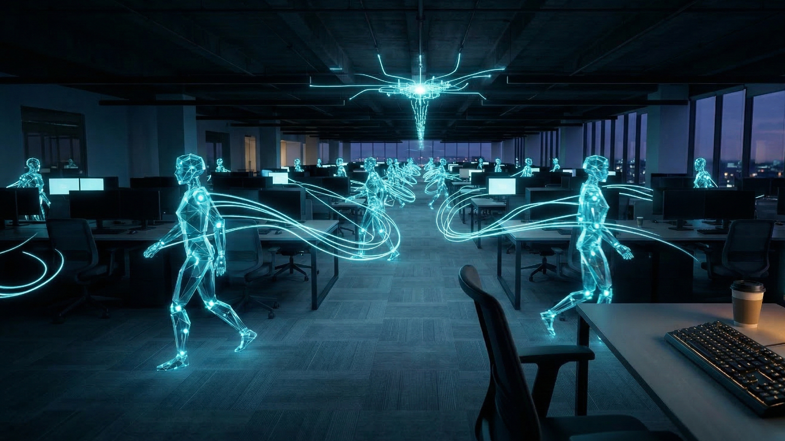 Glowing AI agents move autonomously through an empty office at dusk, cyan light trails connecting them.