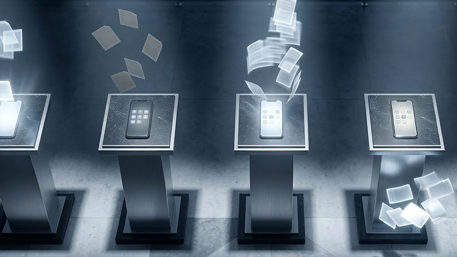 Five smartphones on auction podiums with floating bid cards, symbolizing Apple Ads auction dynamics.
