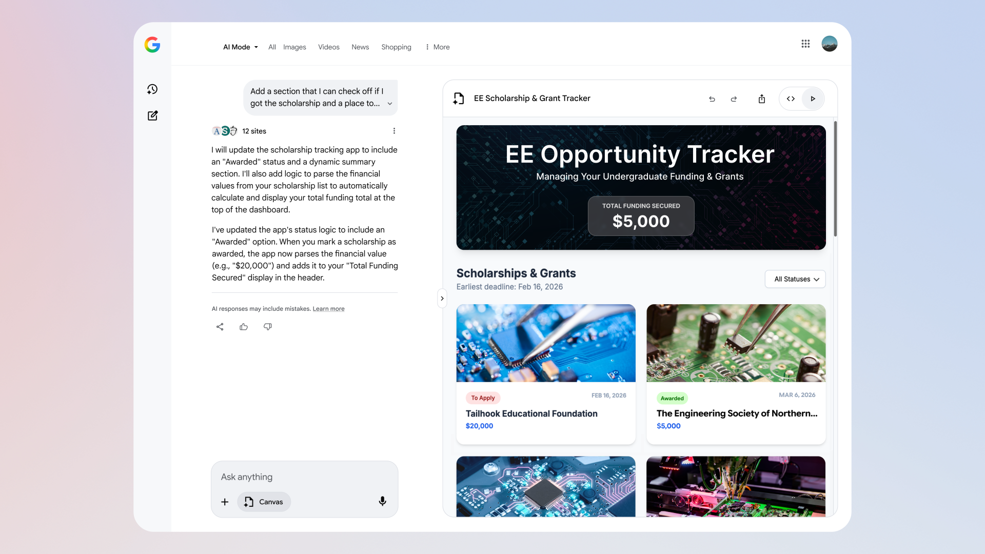 Google Canvas in AI Mode generating an interactive scholarship tracker dashboard with deadlines.