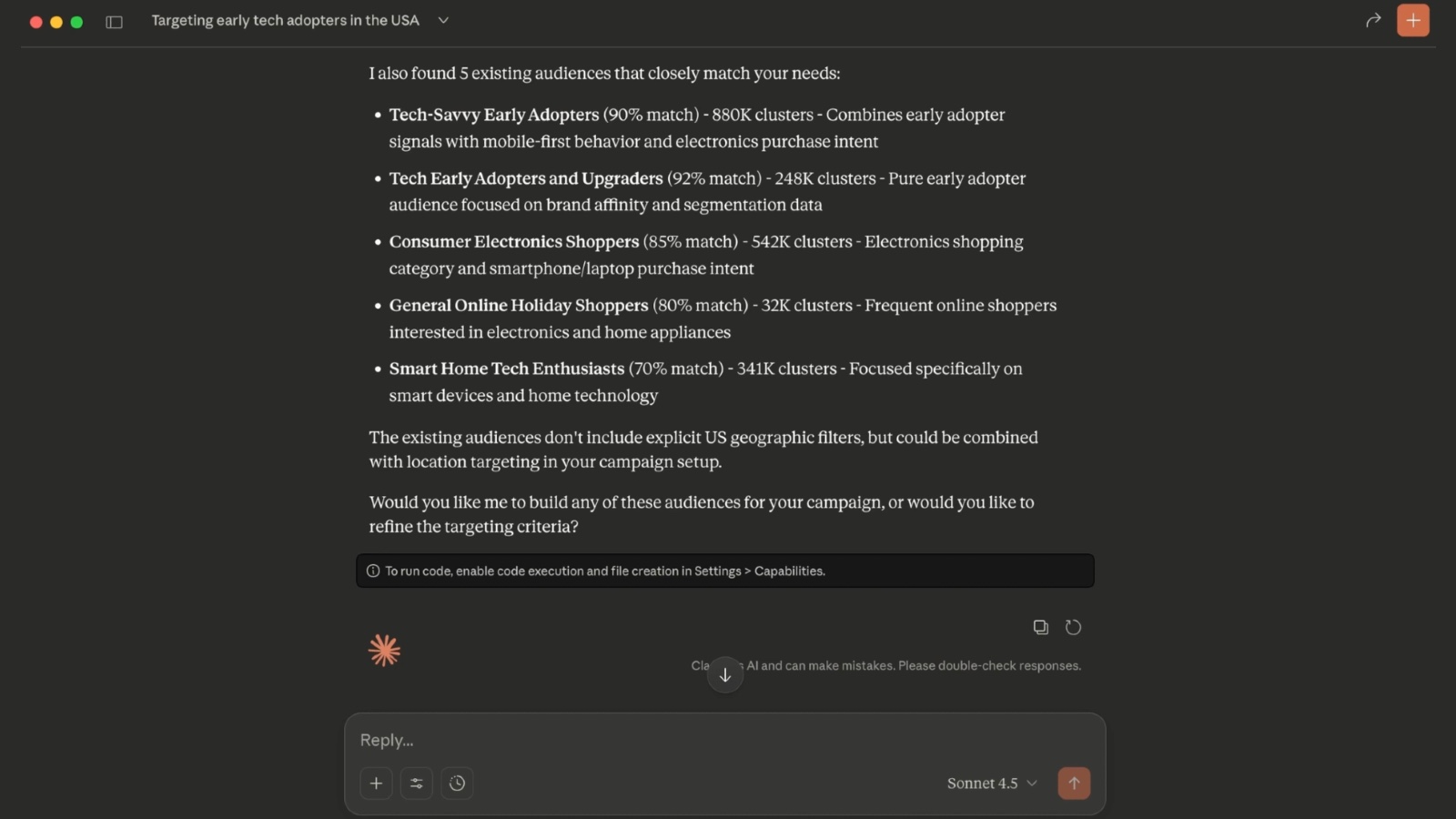 Claude's Audience Agent interface showing five early tech adopter audience segments with match scores.