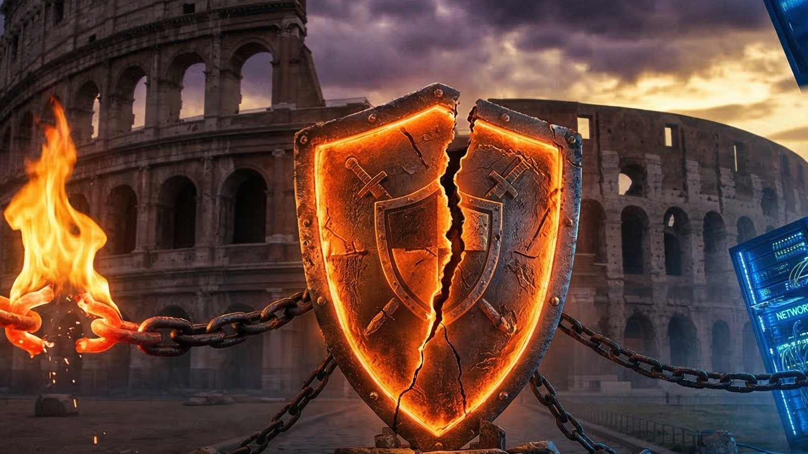 Cracked shield with chains at Rome's Colosseum symbolizing Italy's Piracy Shield internet battle
