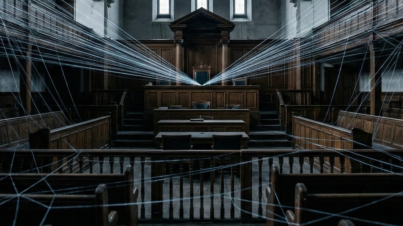 Courtroom with digital tracking web converging on judge's bench, Meta GDPR ruling.