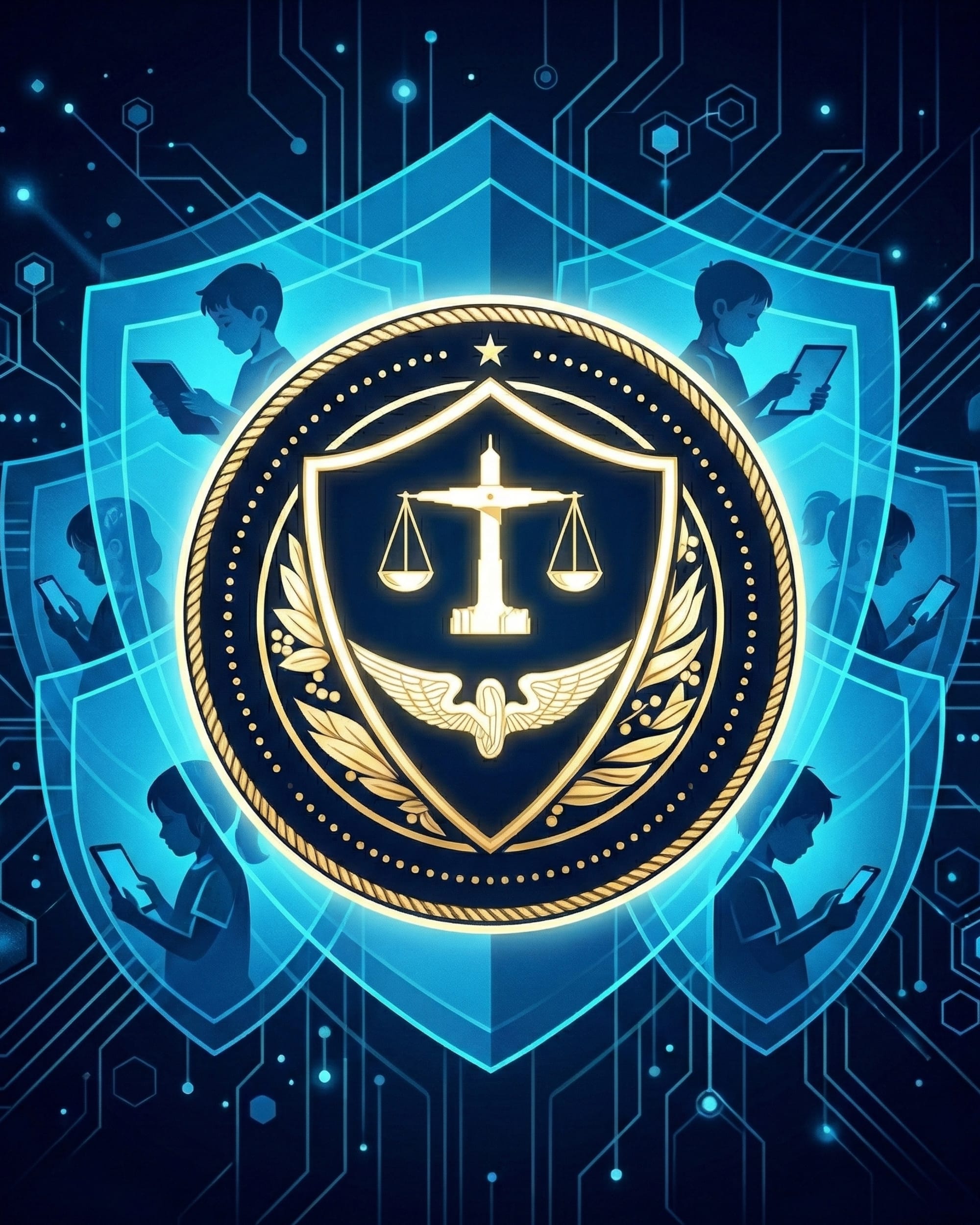 FTC seal shields children using devices online, surrounded by digital protection layers.