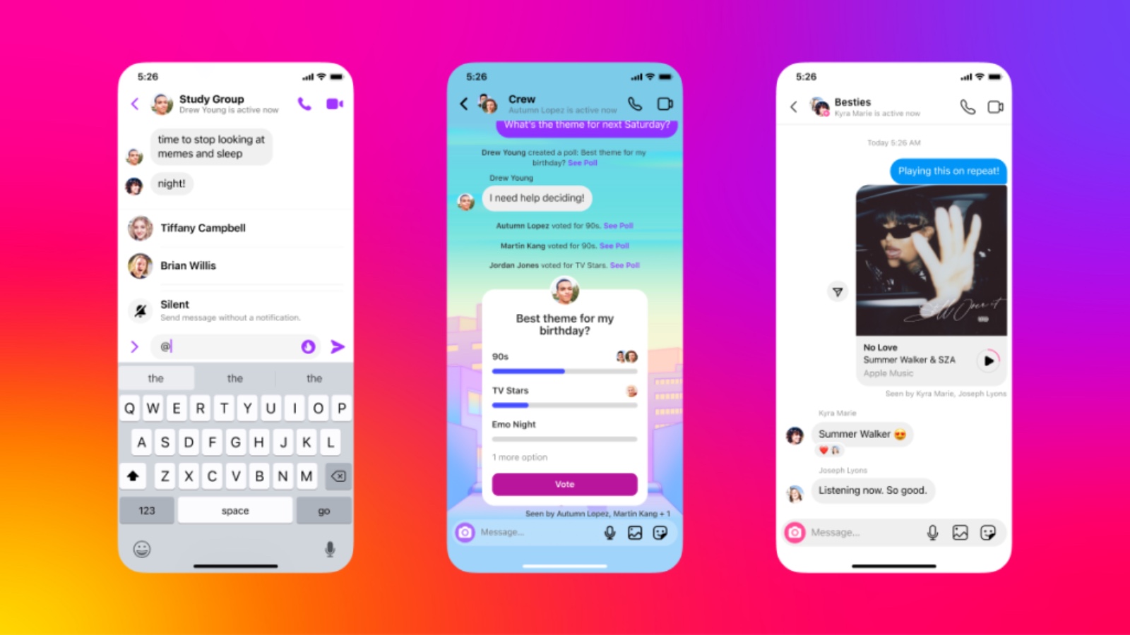 Instagram direct message interface showing group chats, polls, and music sharing on mobile devices.