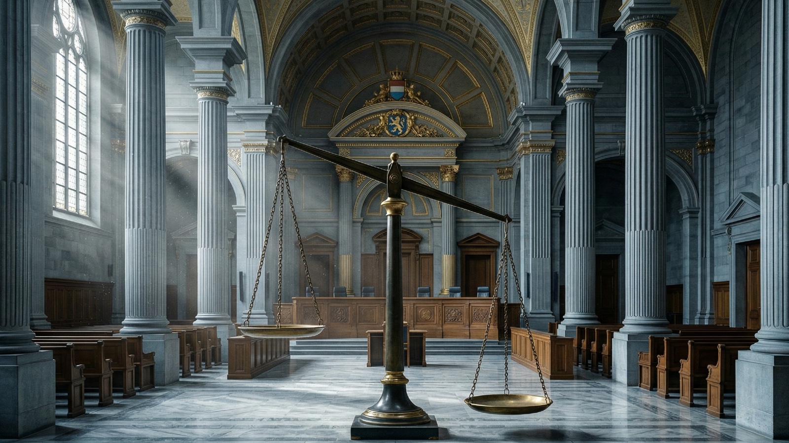 Luxembourg courtroom with unbalanced scales of justice, GDPR fine annulled by appeals court.