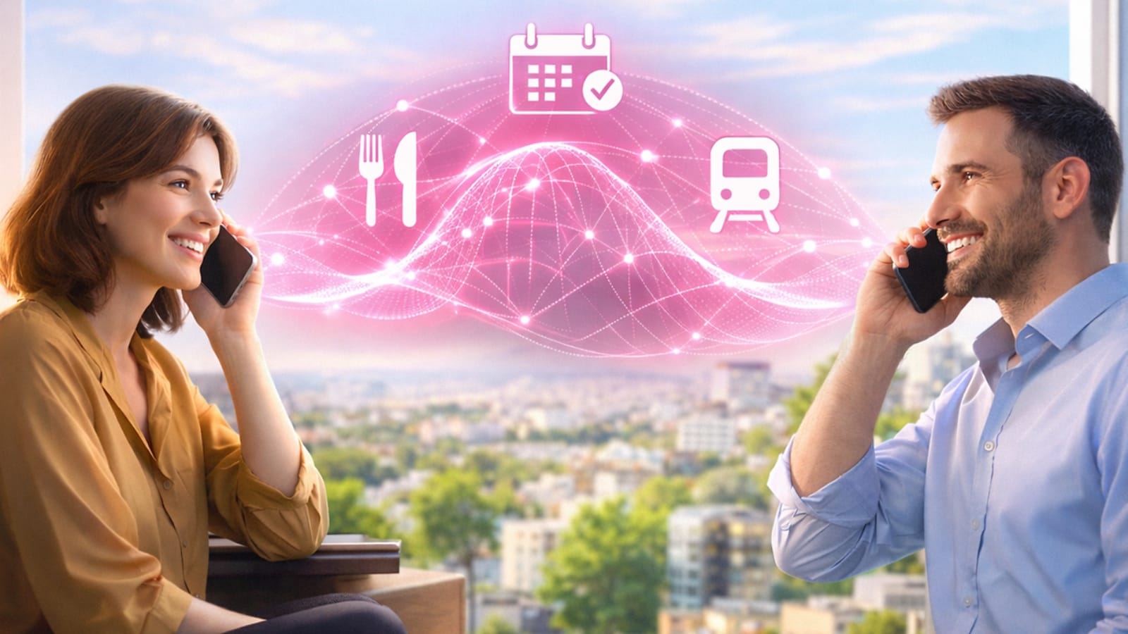 Two people on phone calls with AI assistant icons for dining, travel and scheduling between them.