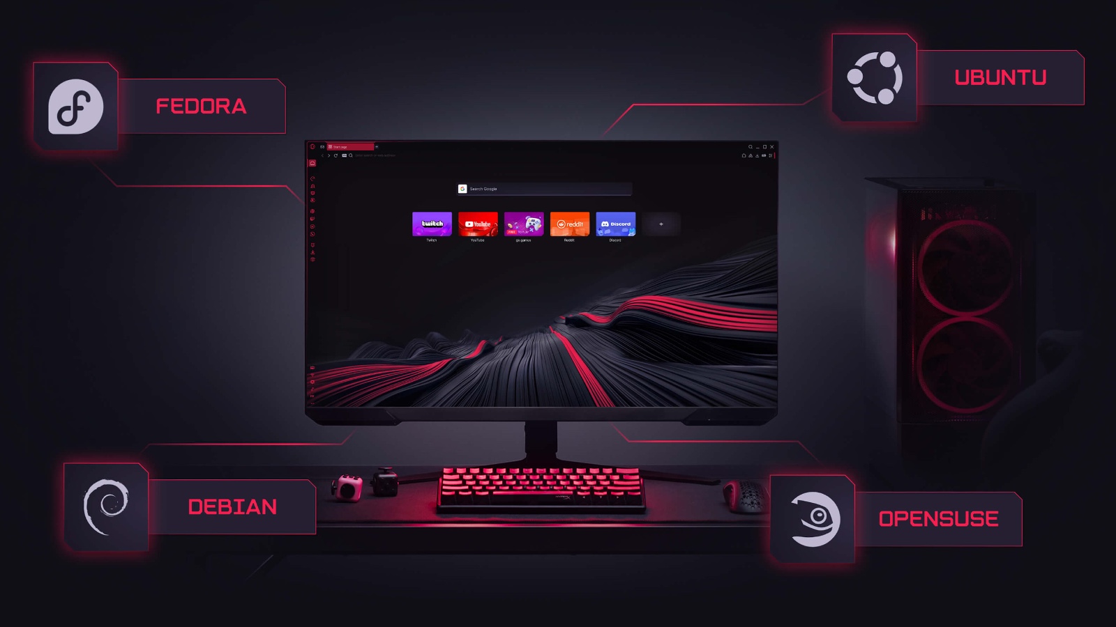 Opera GX gaming browser running on Linux, showing support for Fedora, Ubuntu, Debian, and openSUSE.