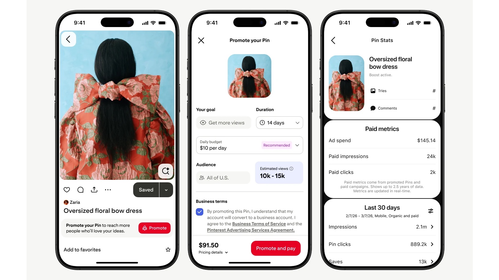 Pinterest Promote a Pin interface showing goal setup, daily budget, and Pin Stats on mobile.