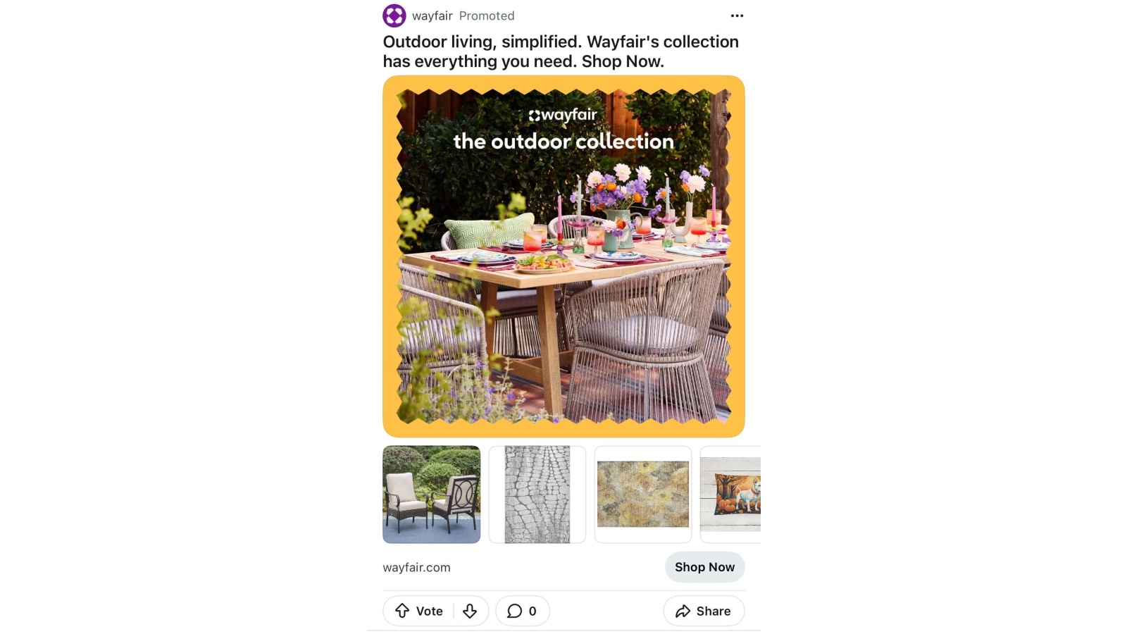 Wayfair Collection Ad on Reddit showing a lifestyle hero image with shoppable outdoor furniture tiles.