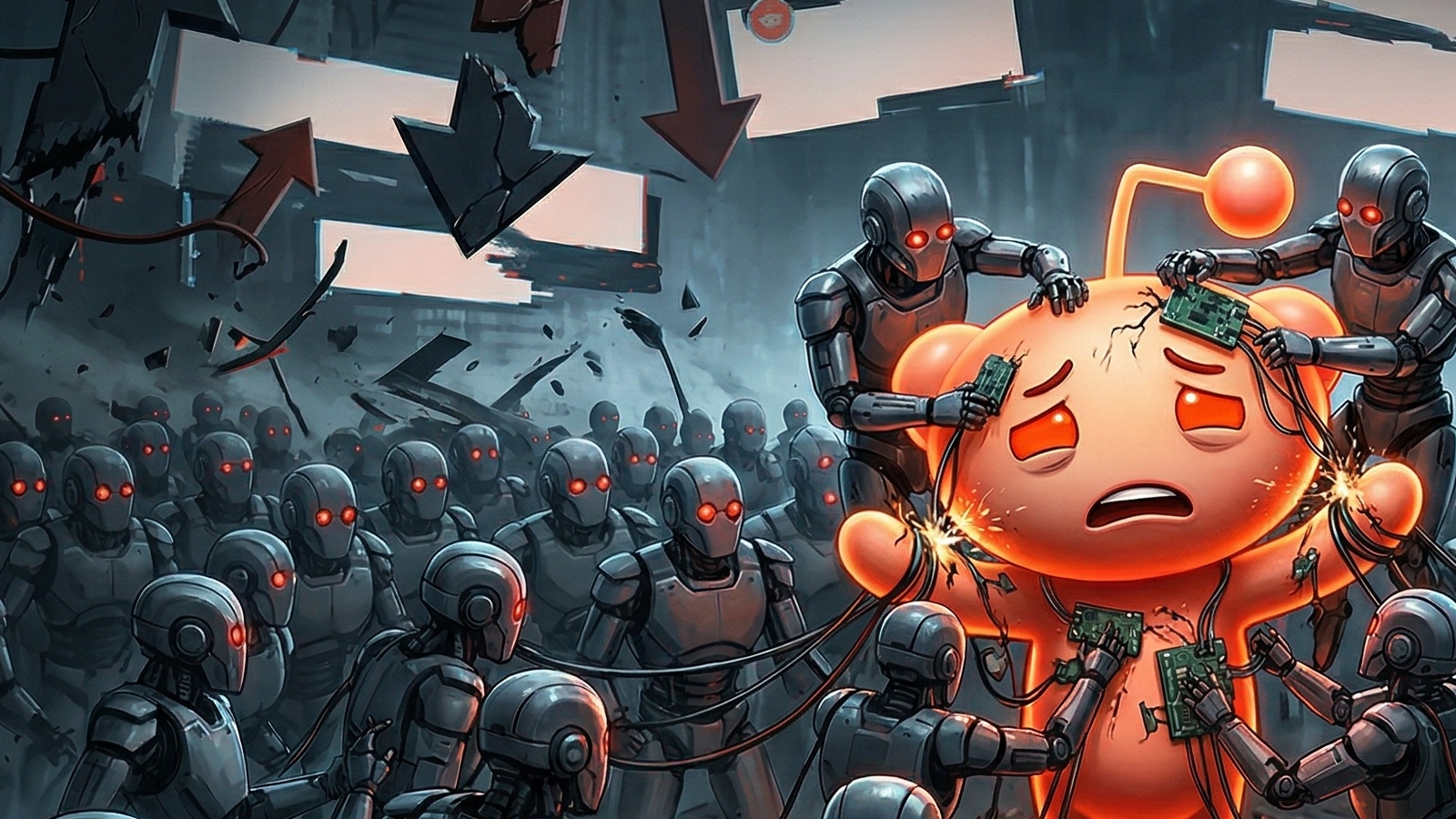 Reddit's Snoo mascot overwhelmed by an army of bots wiring circuits into its head.