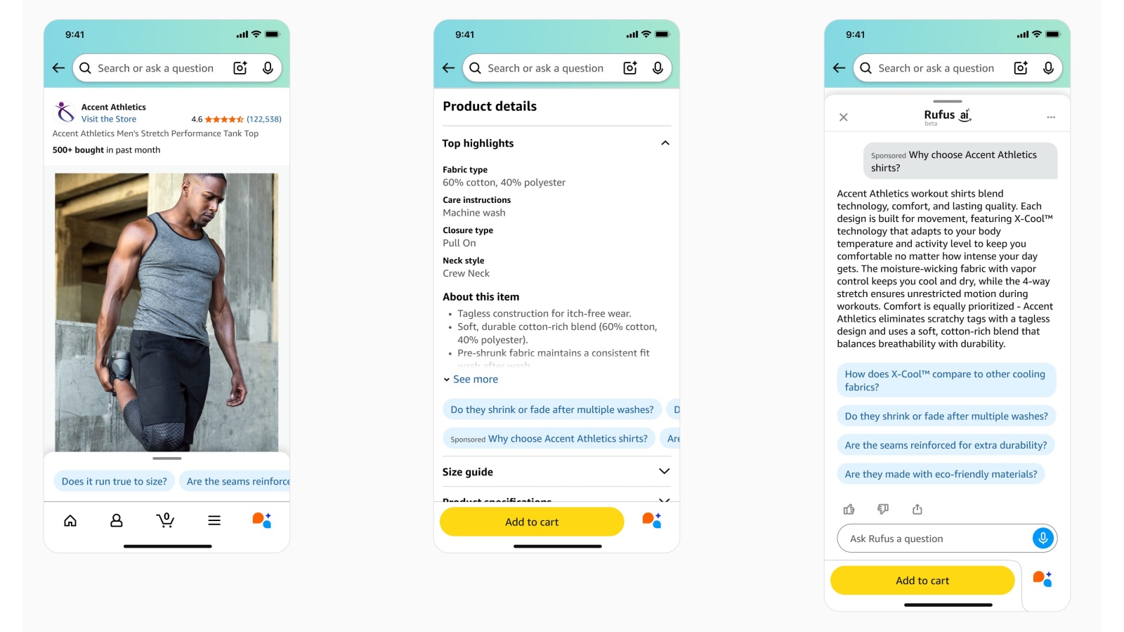Amazon Sponsored Products prompts inside Rufus AI on mobile, showing sponsored questions.