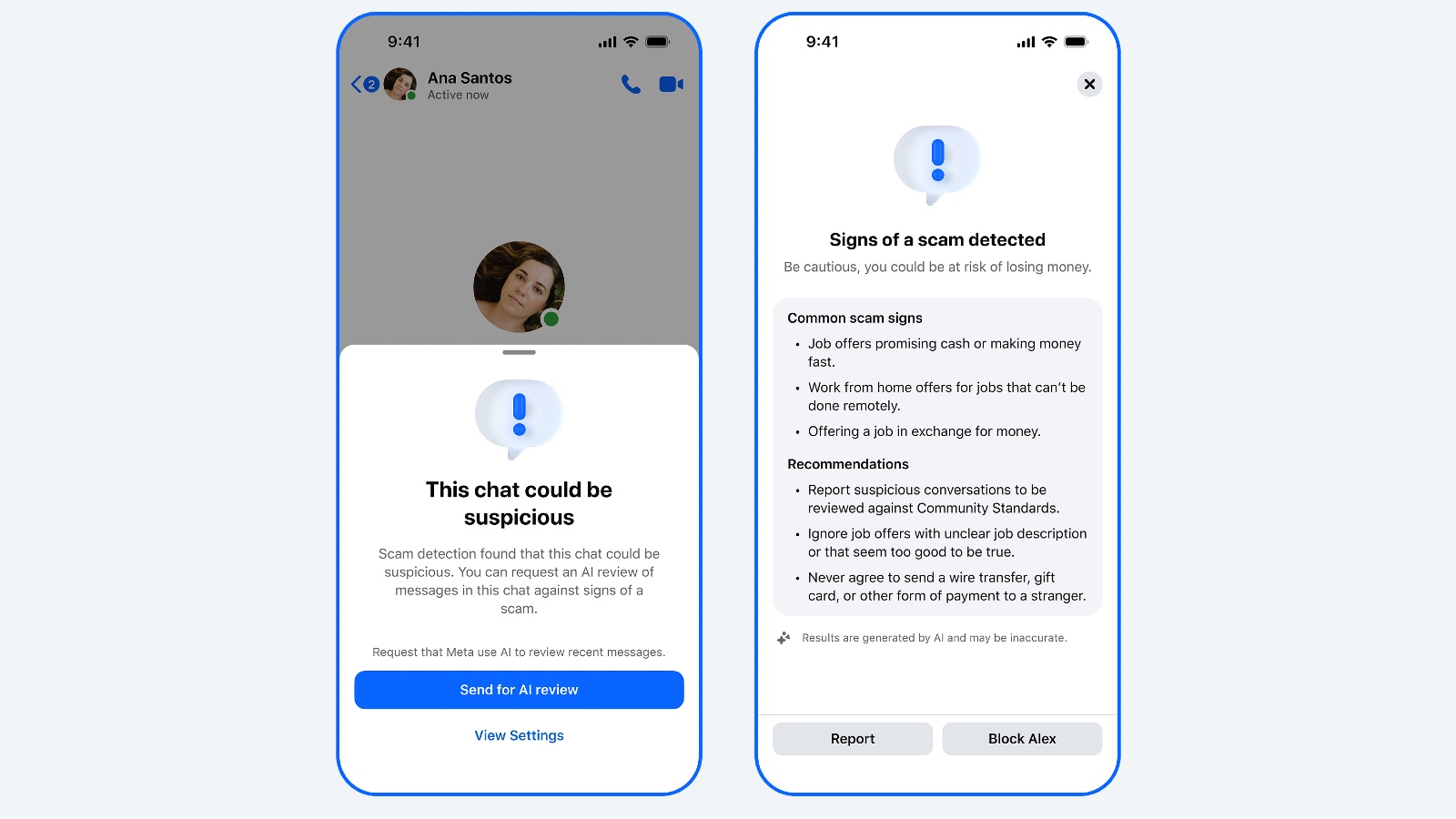 Meta Messenger scam detection warning showing AI review prompt and common scam signs on mobile.