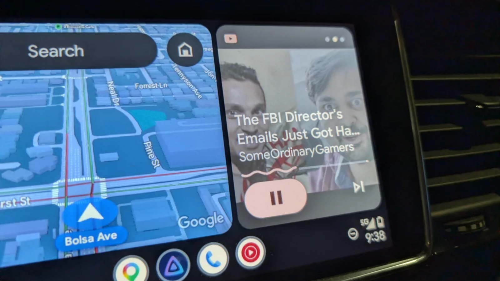 YouTube media controls appearing on an Android Auto dashboard alongside Google Maps navigation.