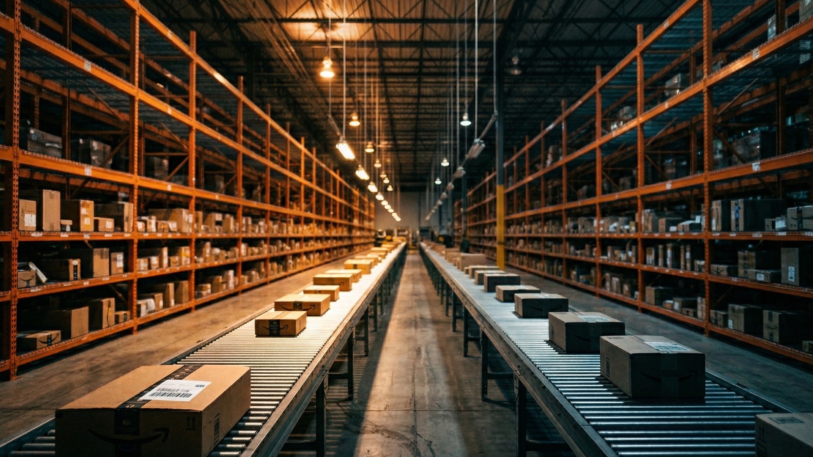Amazon fulfillment warehouse with two conveyor belts separating packages by seller inventory.