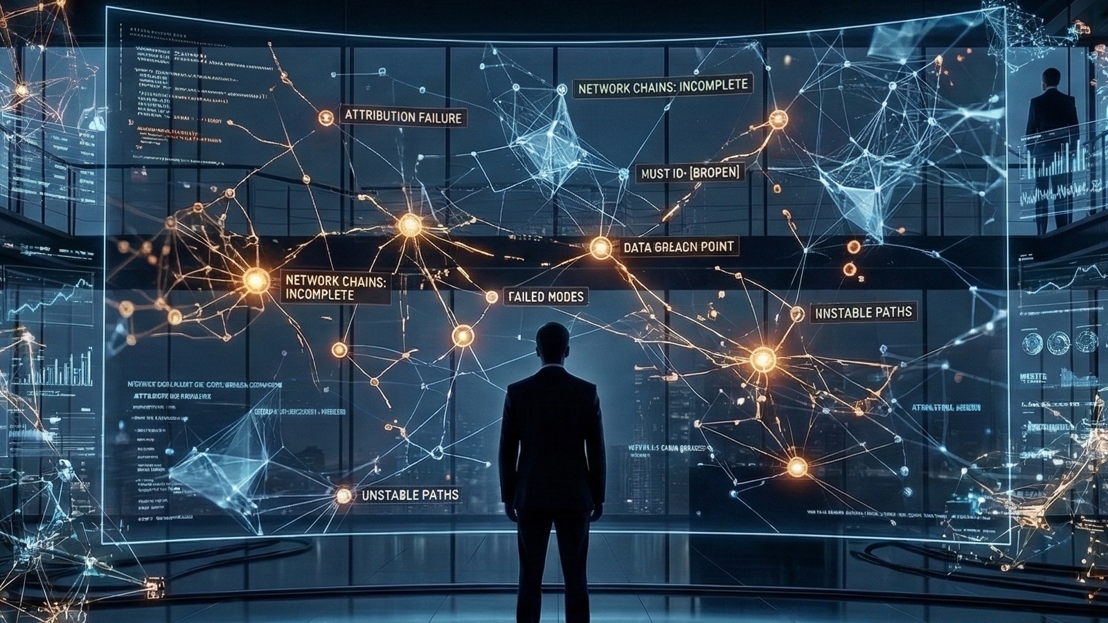 A lone marketer faces fragmented AI data streams and broken attribution chains in a dark control room.