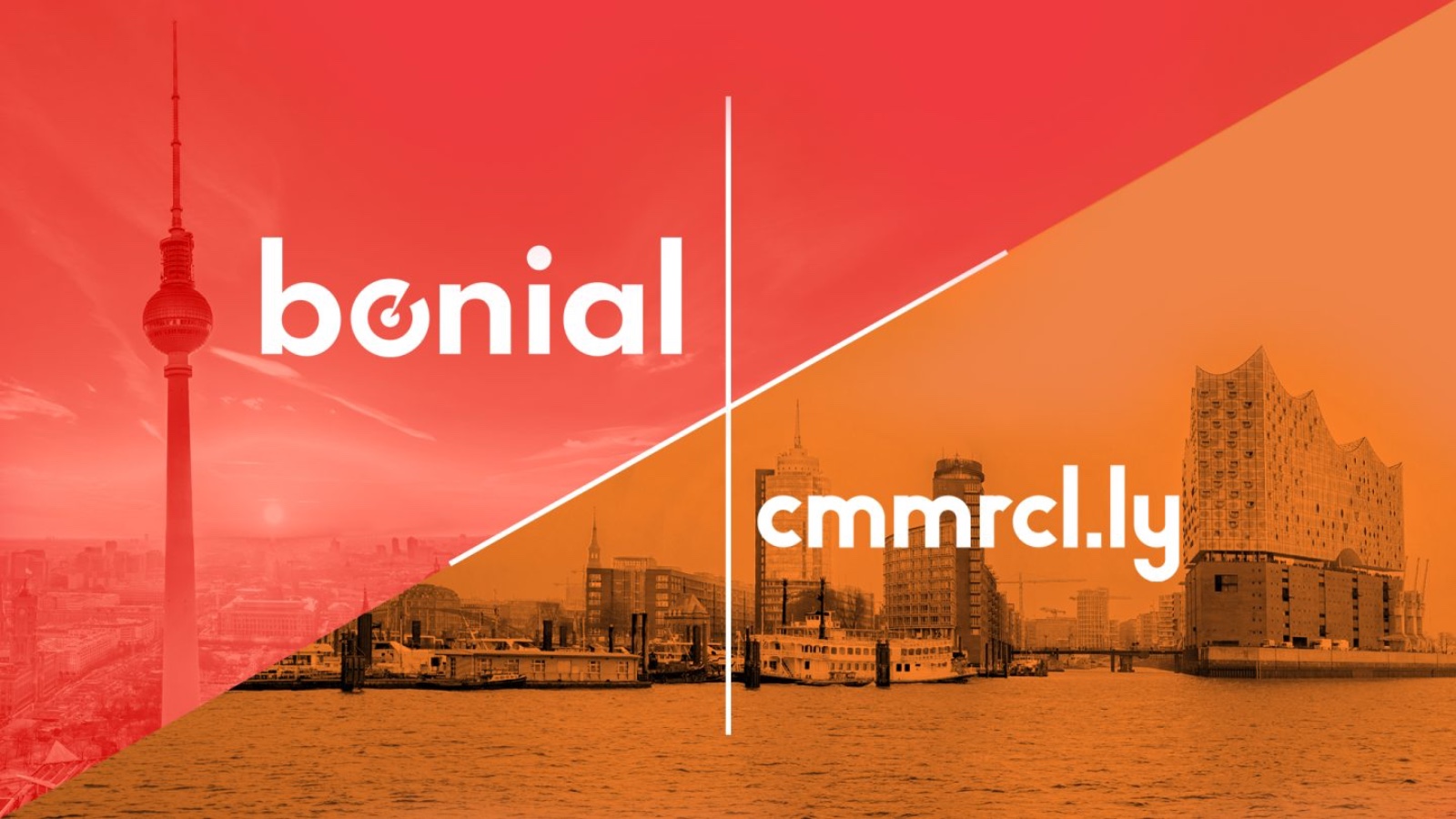 Bonial and cmmrcl.ly logos over Berlin and Hamburg skylines, marking the acquisition deal.